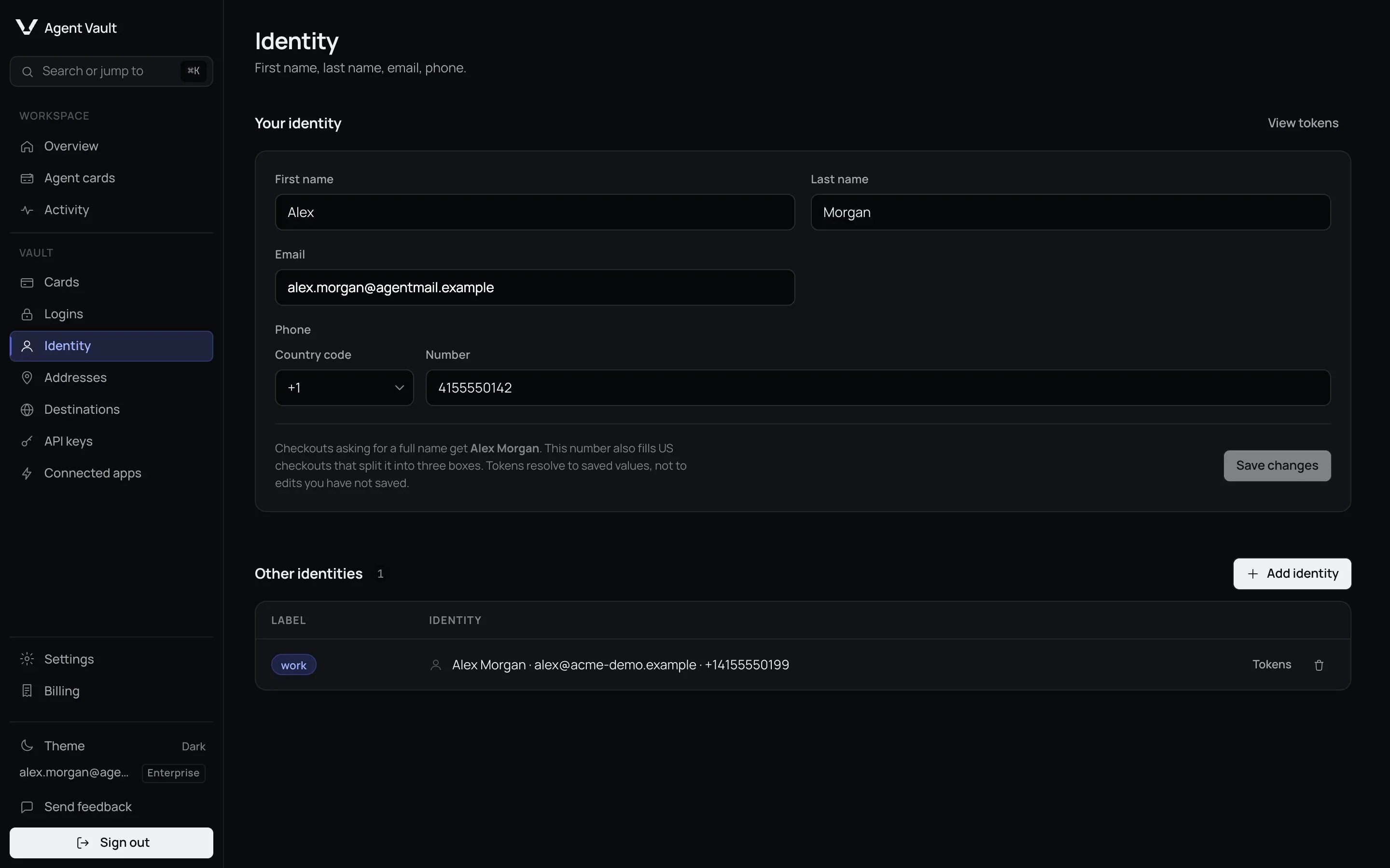 The Identity page with First name, Last name, Email, and a Phone field split into Country code and Number, plus a Save changes button.