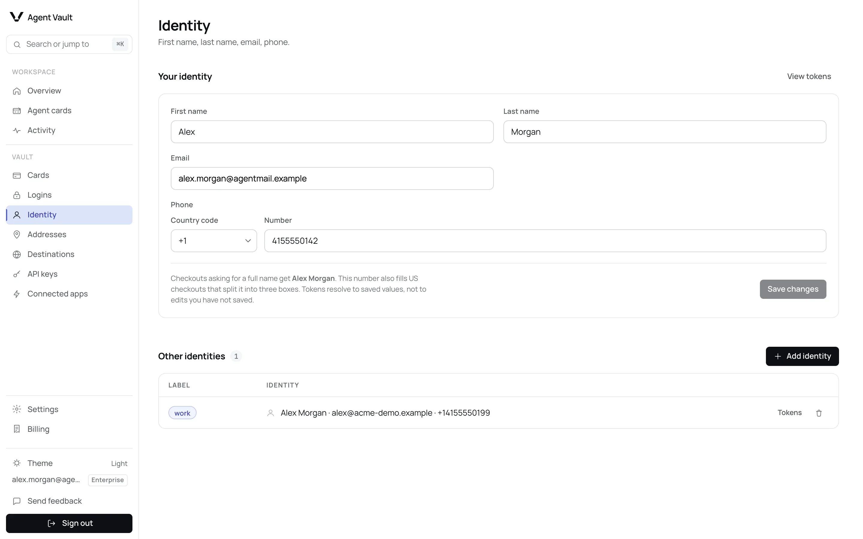 The Identity page with First name, Last name, Email, and a Phone field split into Country code and Number, plus a Save changes button.