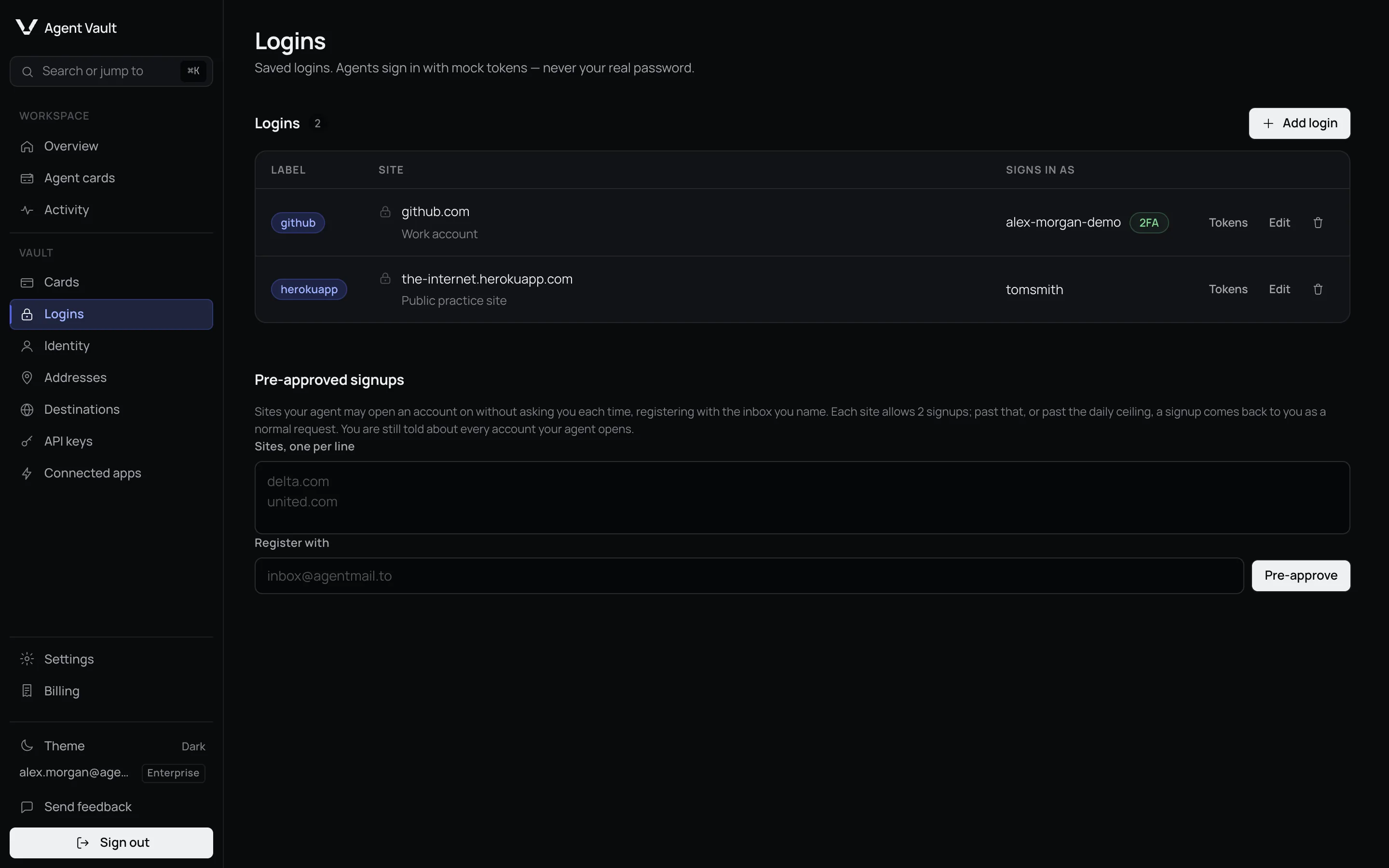 The Logins page listing two logins, github and herokuapp, with Label, Site and Signs in as columns. The github row carries a 2FA chip; the herokuapp row is a public practice site.