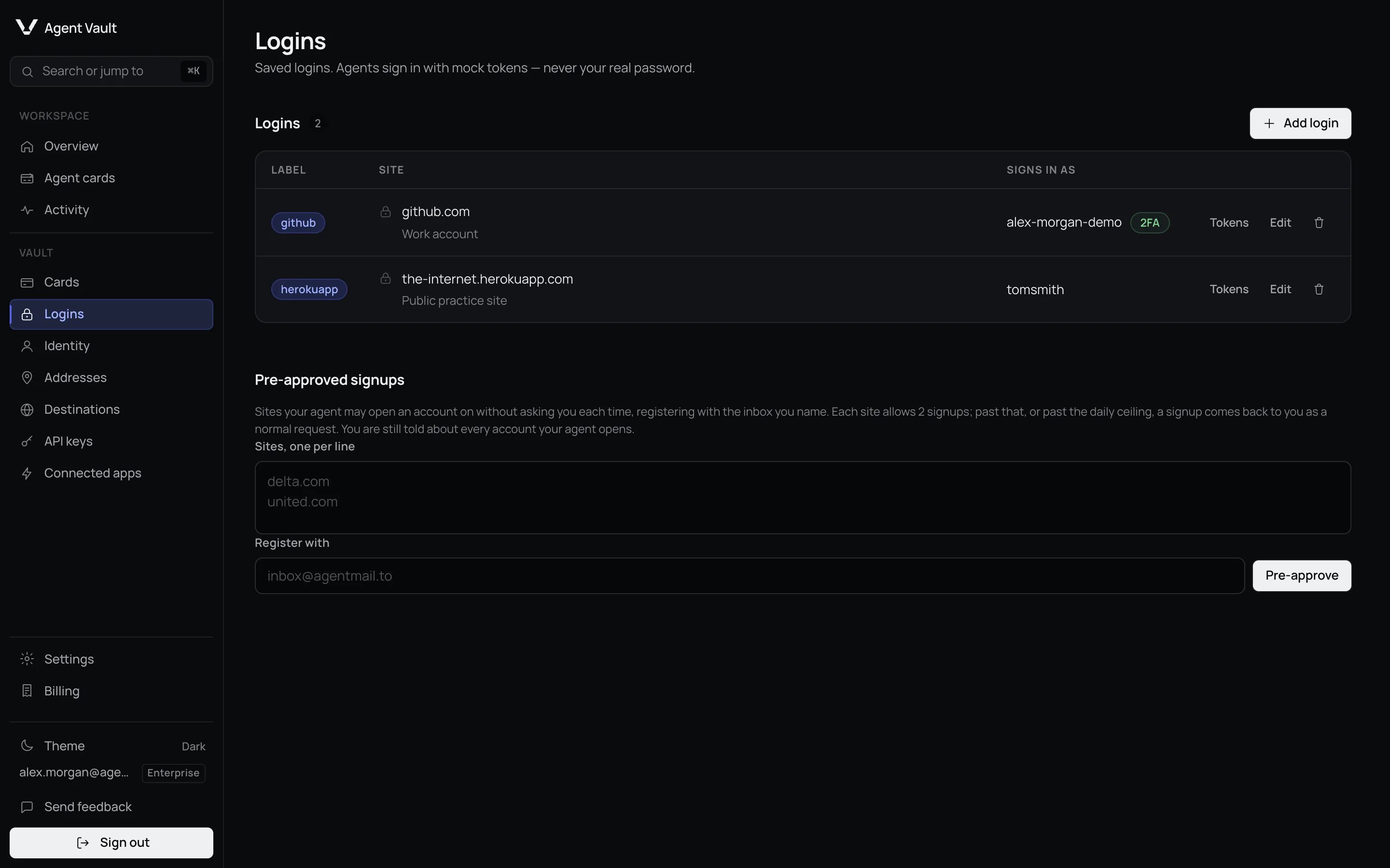 The Logins page listing two logins, github and herokuapp, with Label, Site and Signs in as columns. The github row carries a 2FA chip; the herokuapp row is a public practice site.