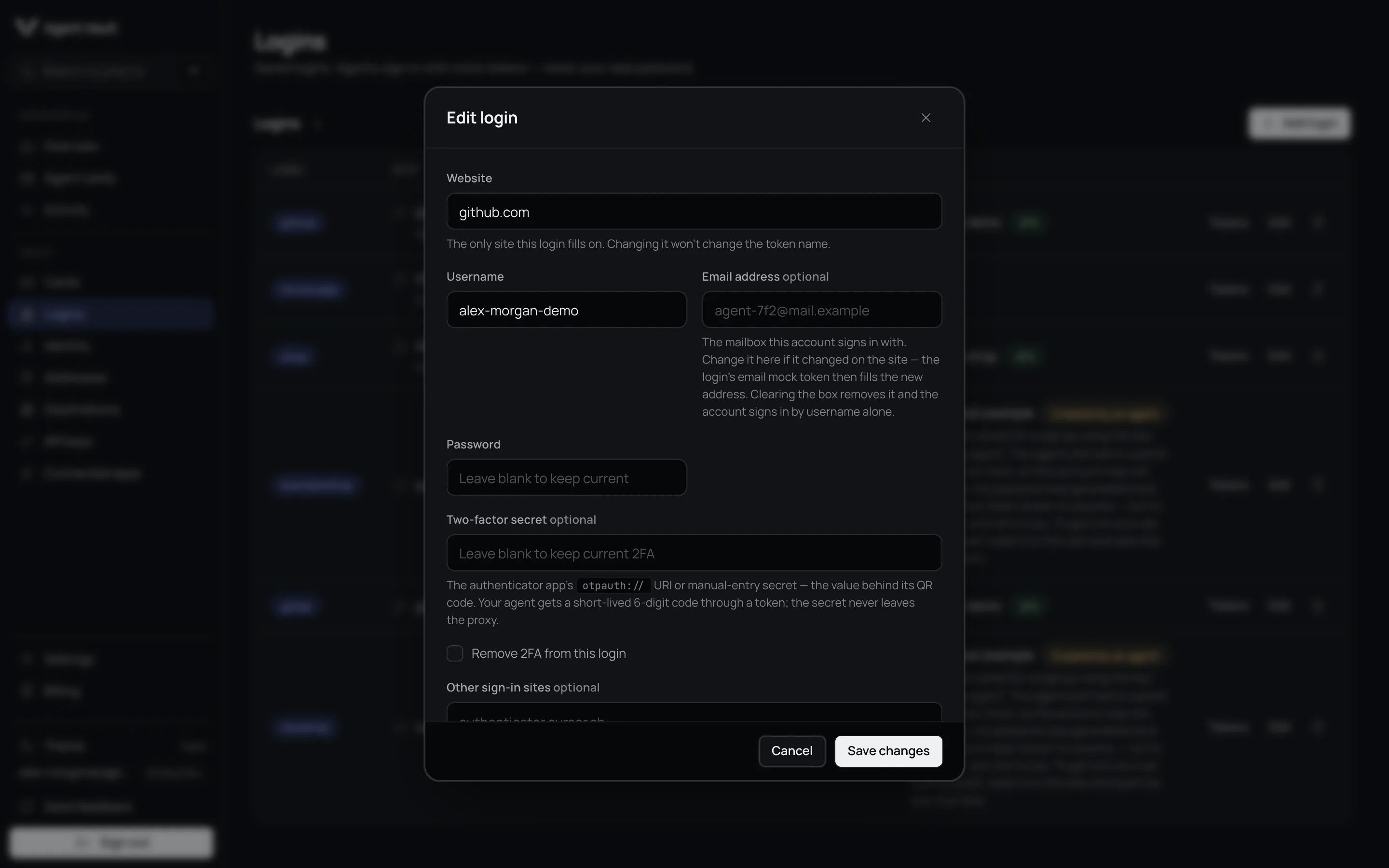 Edit login dialog for github.com with the username, a blank password field, a blank two-factor secret field with a Remove 2FA from this login button, and the email address.