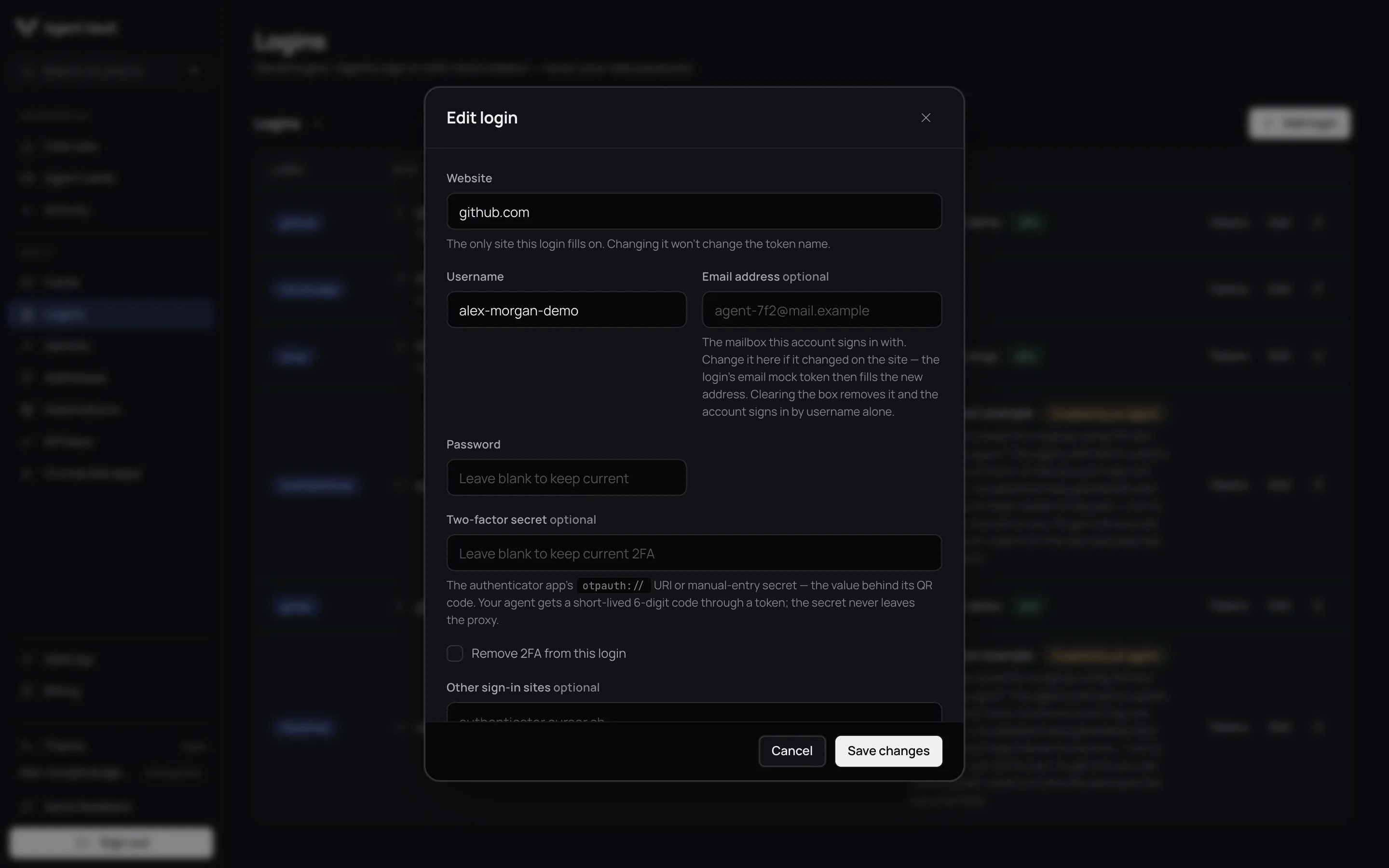 Edit login dialog for github.com with the username, a blank password field, a blank two-factor secret field with a Remove 2FA from this login button, and the email address.