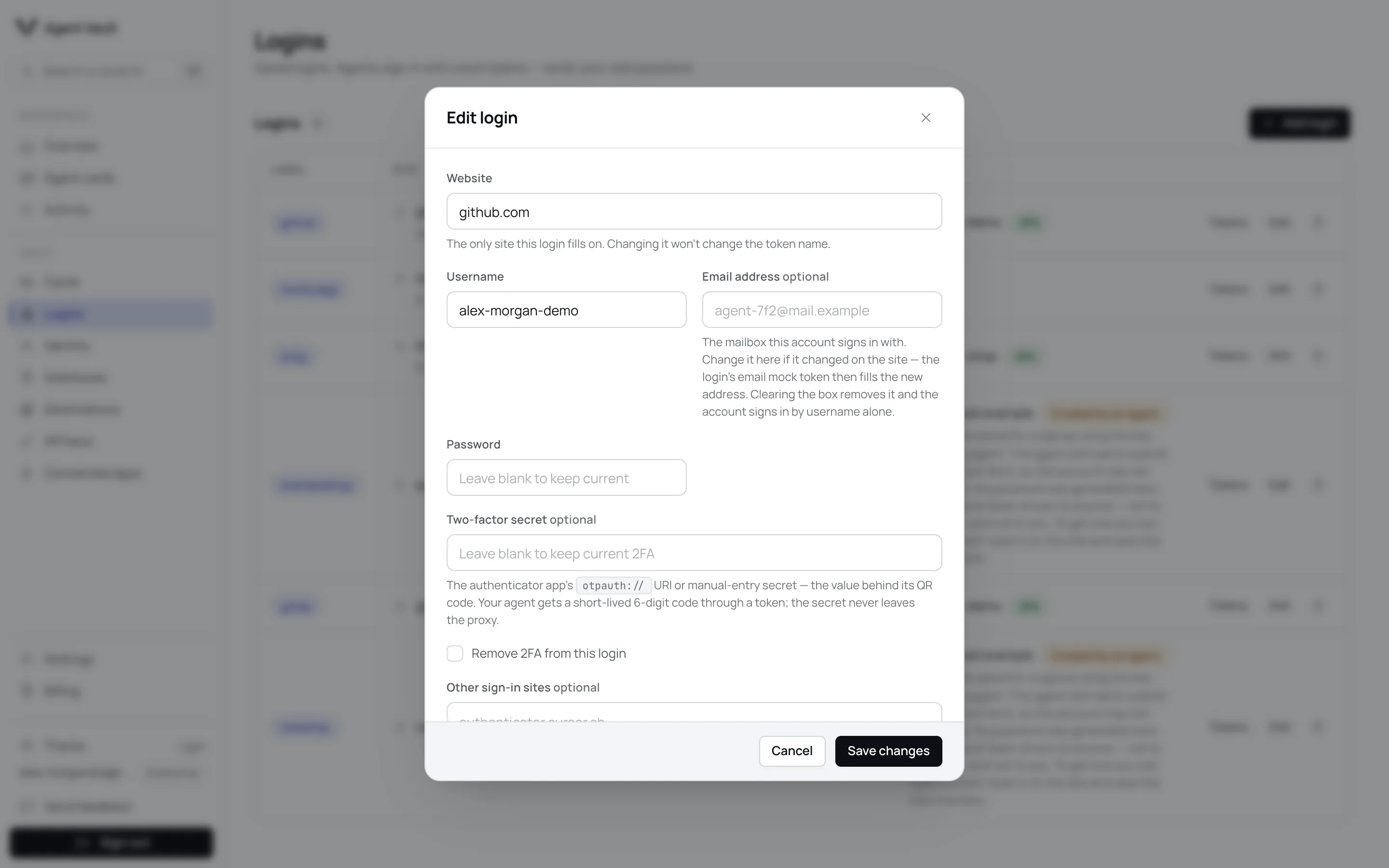 Edit login dialog for github.com with the username, a blank password field, a blank two-factor secret field with a Remove 2FA from this login button, and the email address.
