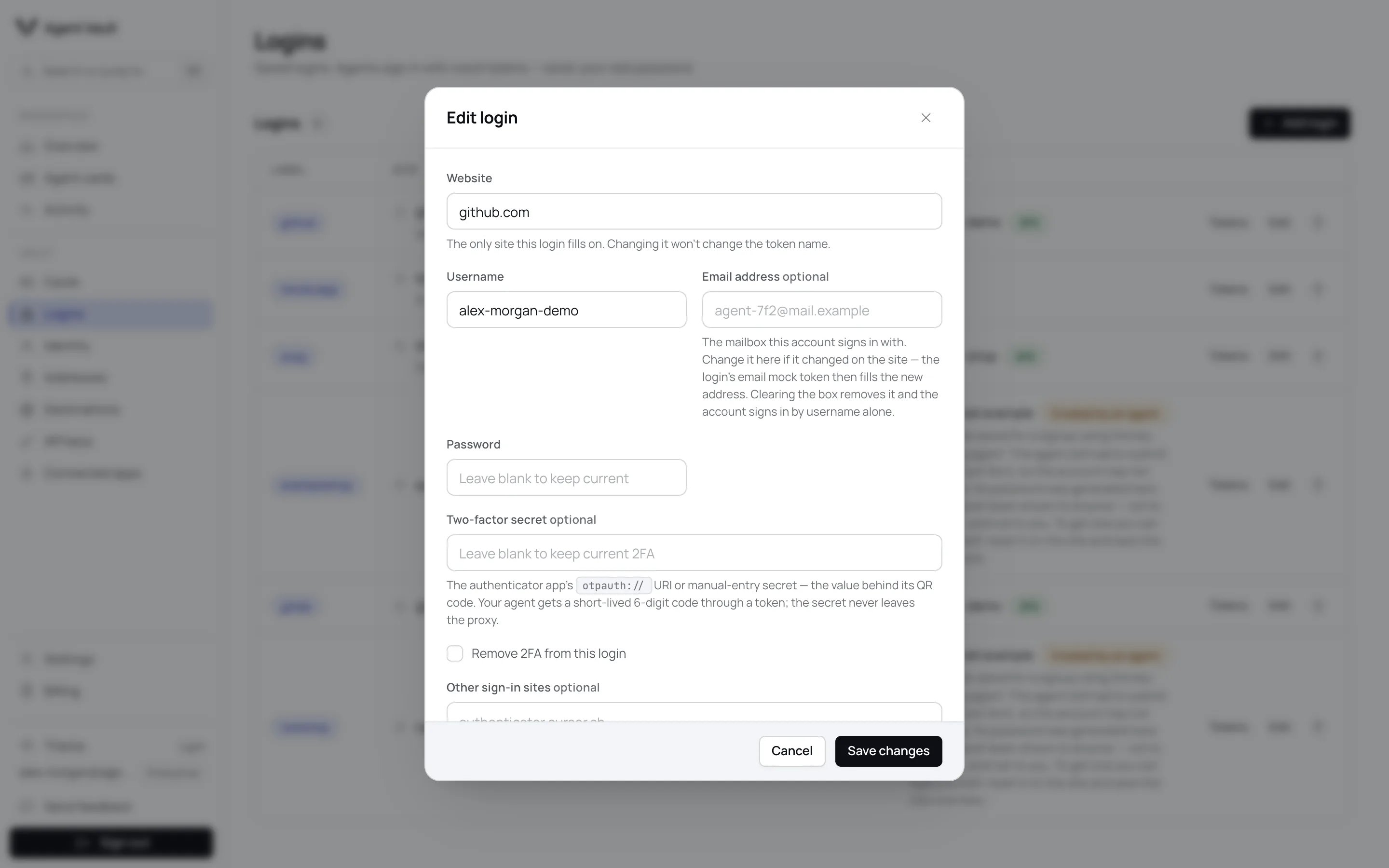 Edit login dialog for github.com with the username, a blank password field, a blank two-factor secret field with a Remove 2FA from this login button, and the email address.