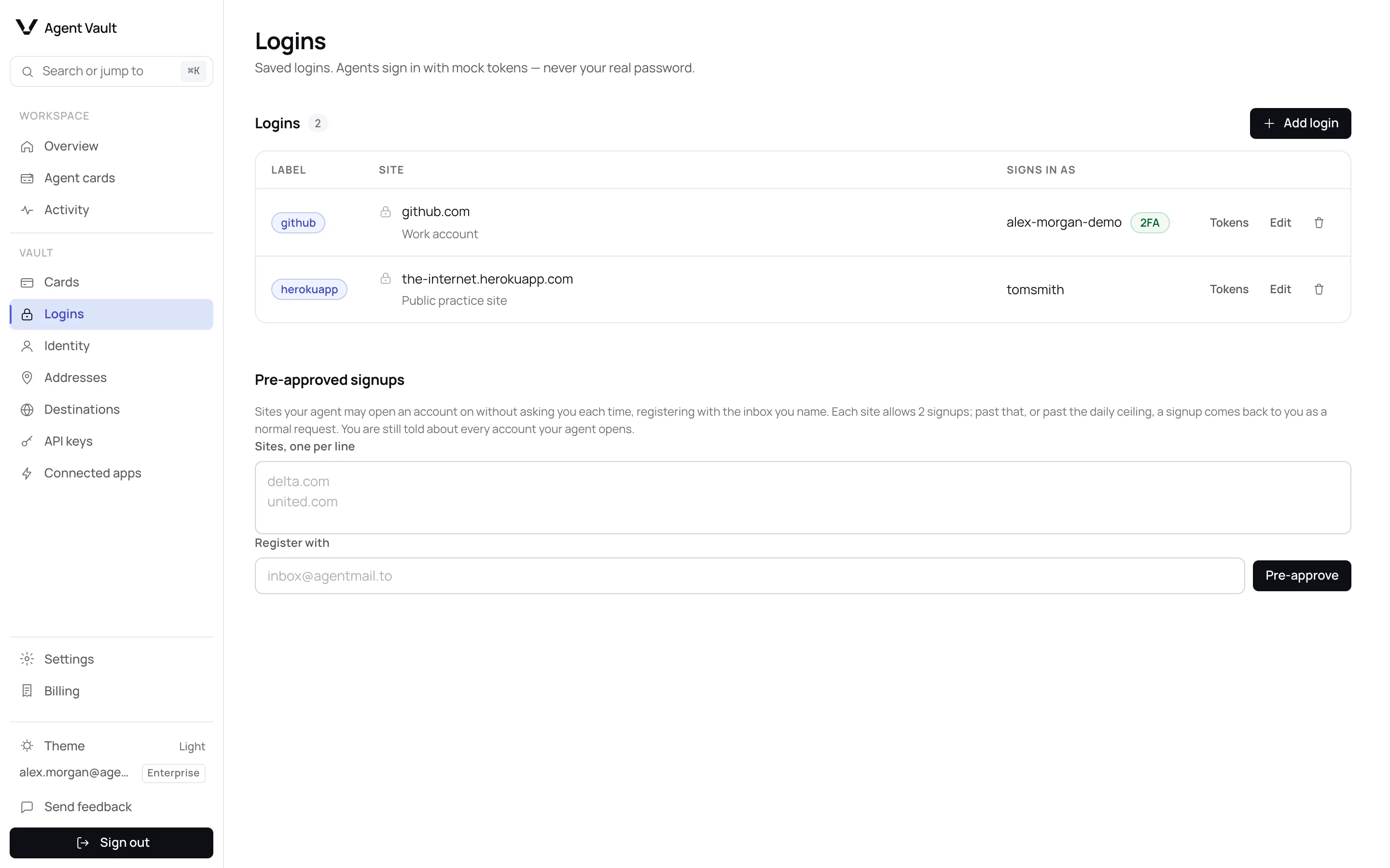 The Logins page listing two logins, github and herokuapp, with Label, Site and Signs in as columns. The github row carries a 2FA chip; the herokuapp row is a public practice site.