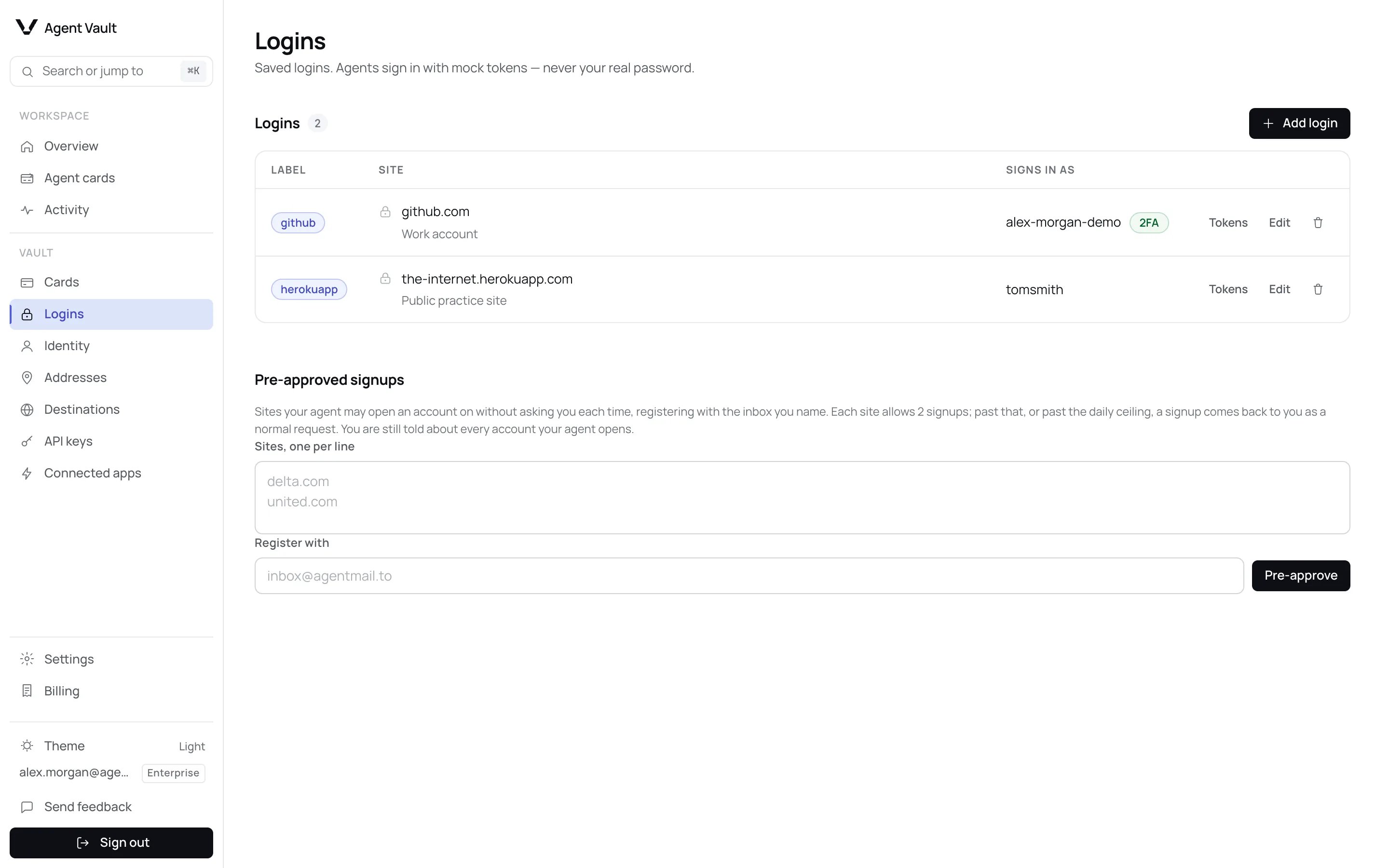 The Logins page listing two logins, github and herokuapp, with Label, Site and Signs in as columns. The github row carries a 2FA chip; the herokuapp row is a public practice site.