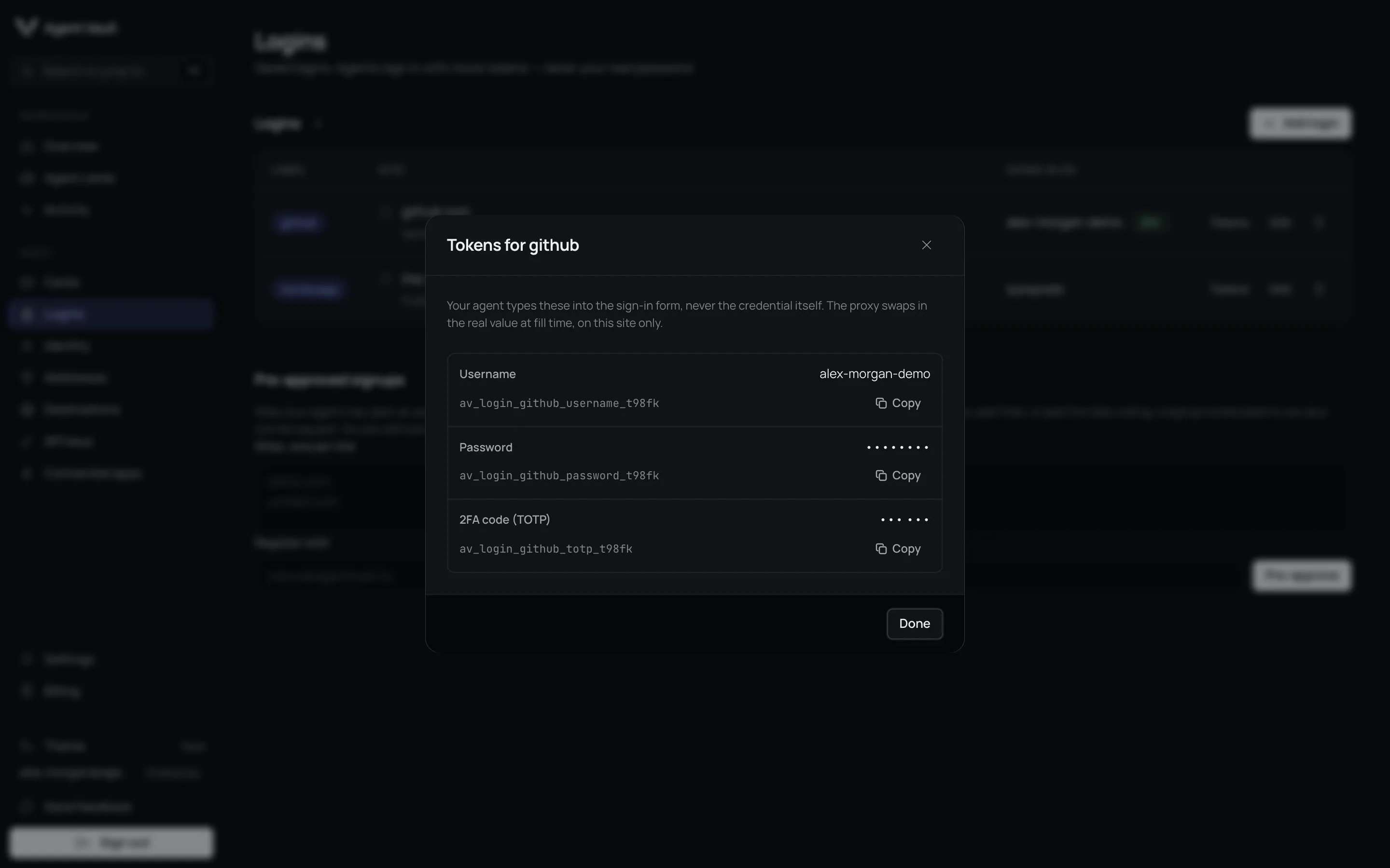 The Tokens for github dialog listing Username, Password and 2FA code rows, each with its mock token and a copy button.