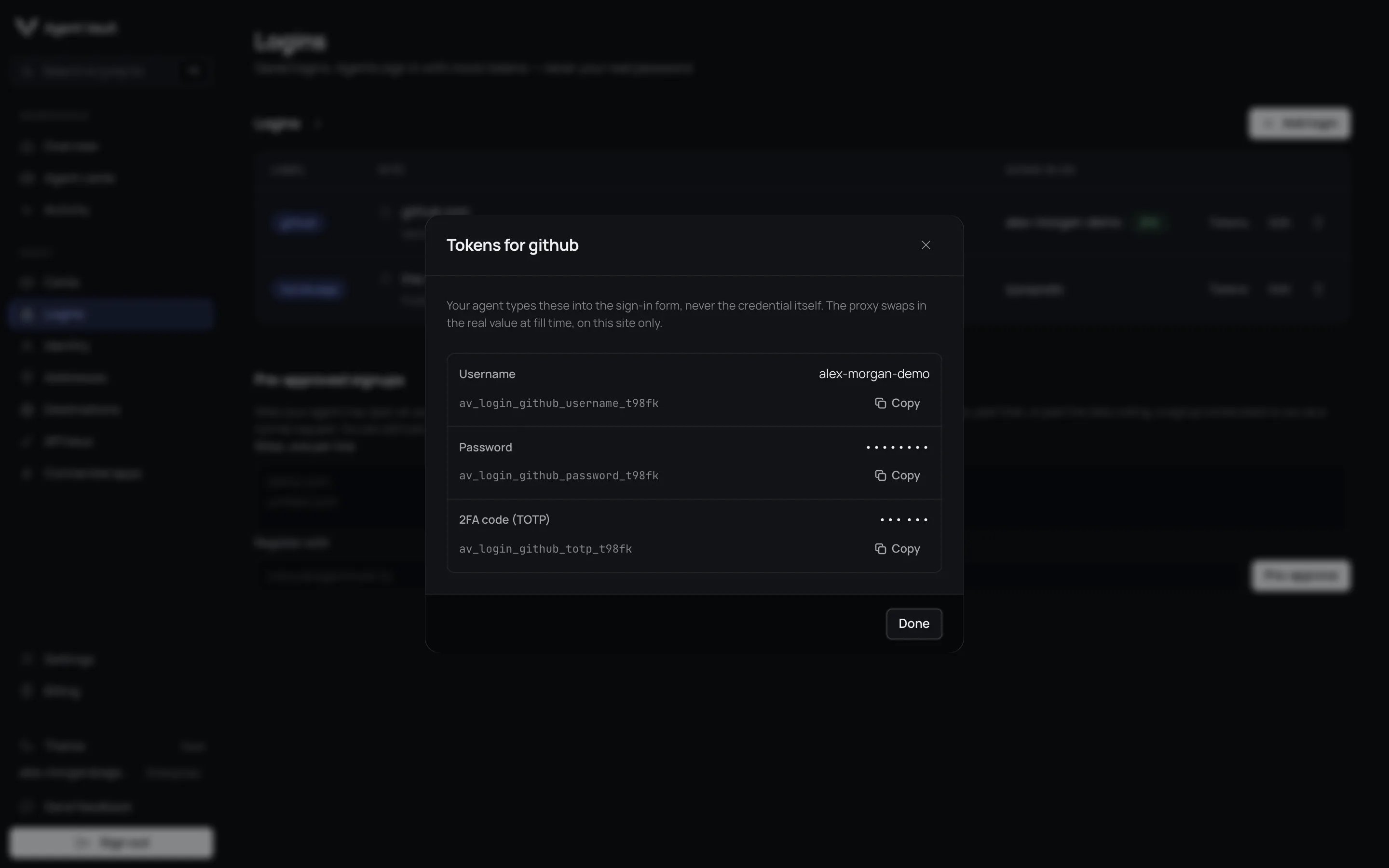 The Tokens for github dialog listing Username, Password and 2FA code rows, each with its mock token and a copy button.