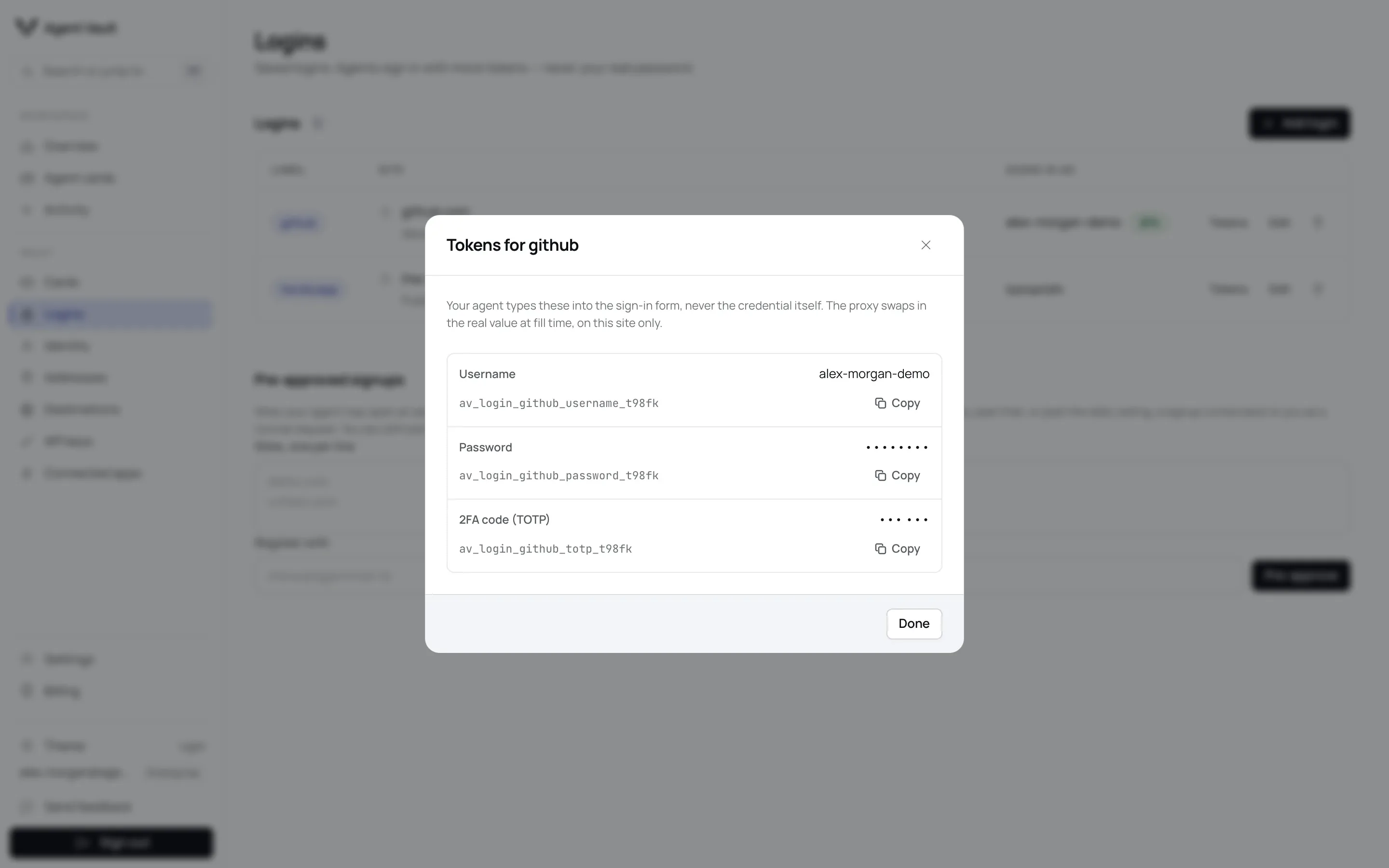 The Tokens for github dialog listing Username, Password and 2FA code rows, each with its mock token and a copy button.