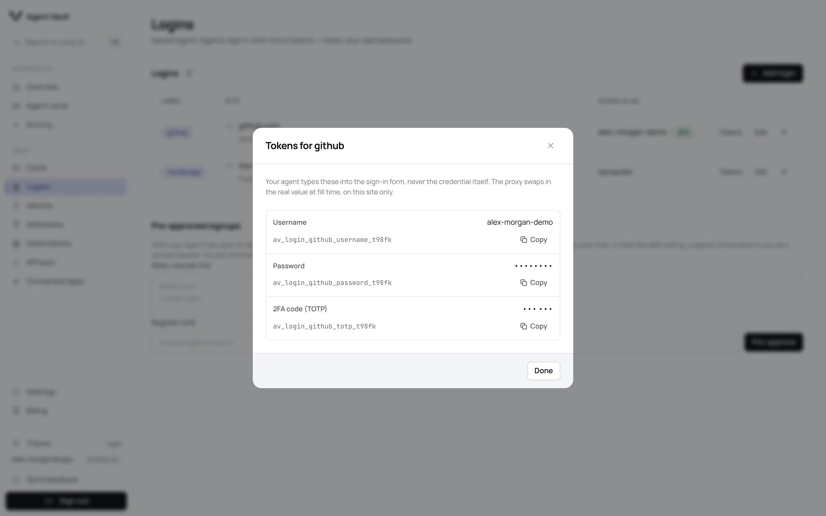 The Tokens for github dialog listing Username, Password and 2FA code rows, each with its mock token and a copy button.