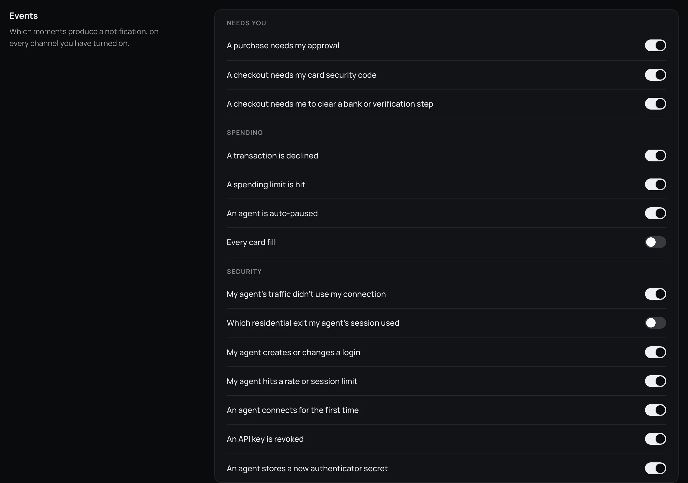 The Events section of Settings, with one switch per event grouped under Needs you, Spending and Security.