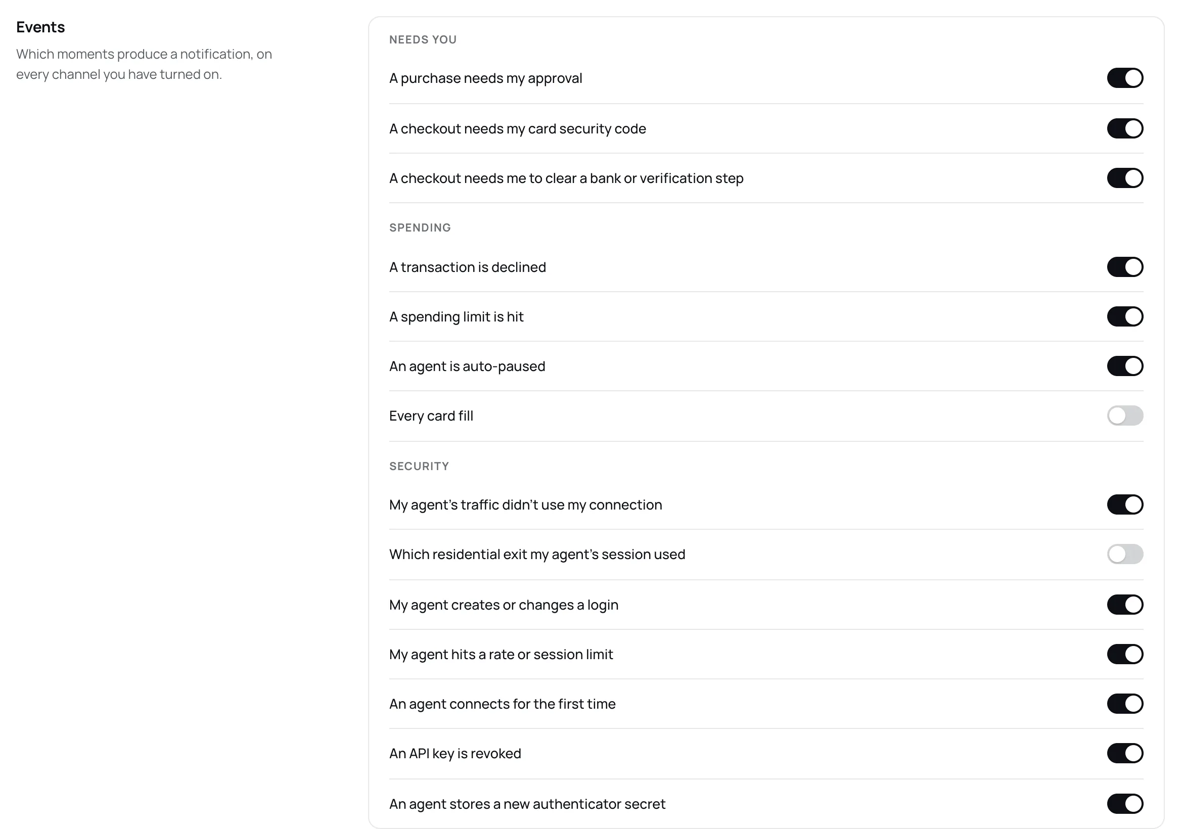 The Events section of Settings, with one switch per event grouped under Needs you, Spending and Security.