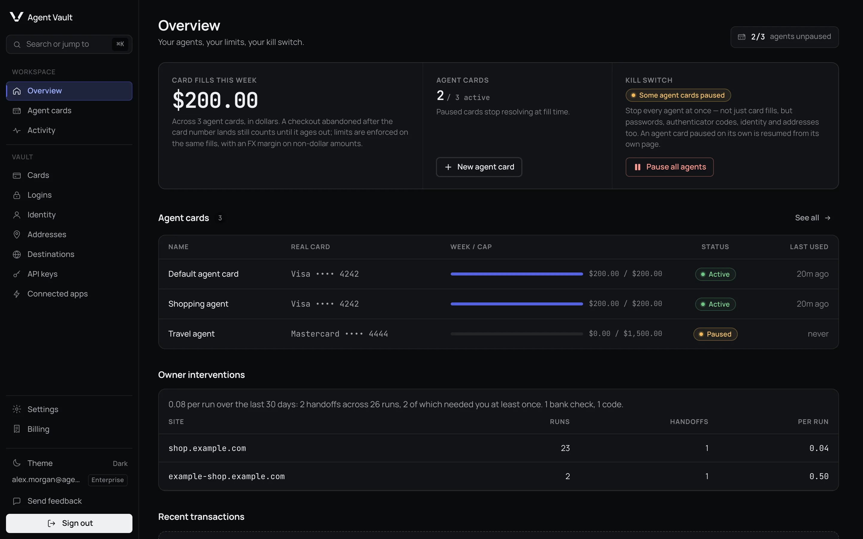 The Agent Vault dashboard Overview page, showing card fills this week, the agent cards summary, the kill switch and the agent cards table.