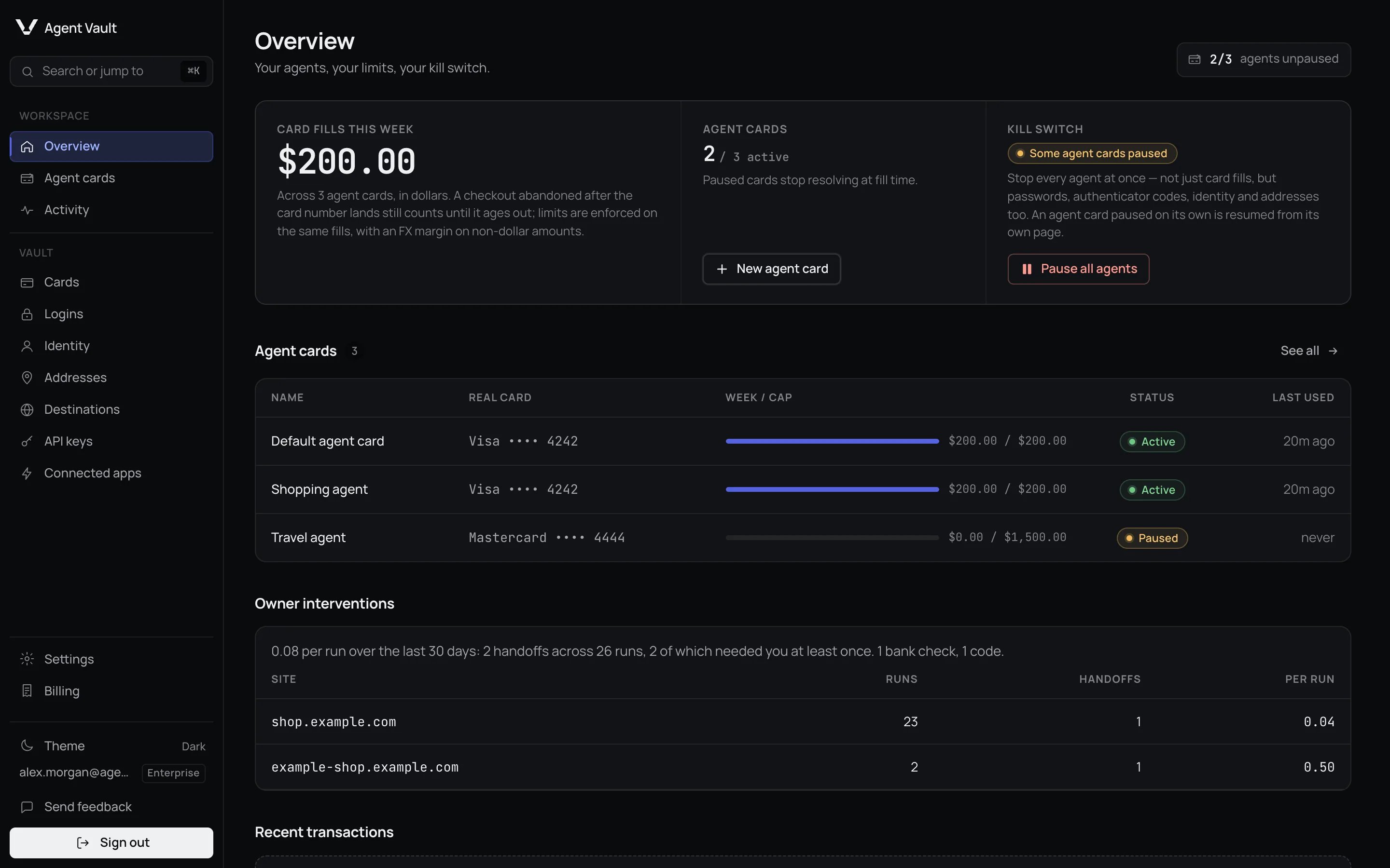 The Agent Vault dashboard Overview page, showing card fills this week, the agent cards summary, the kill switch and the agent cards table.