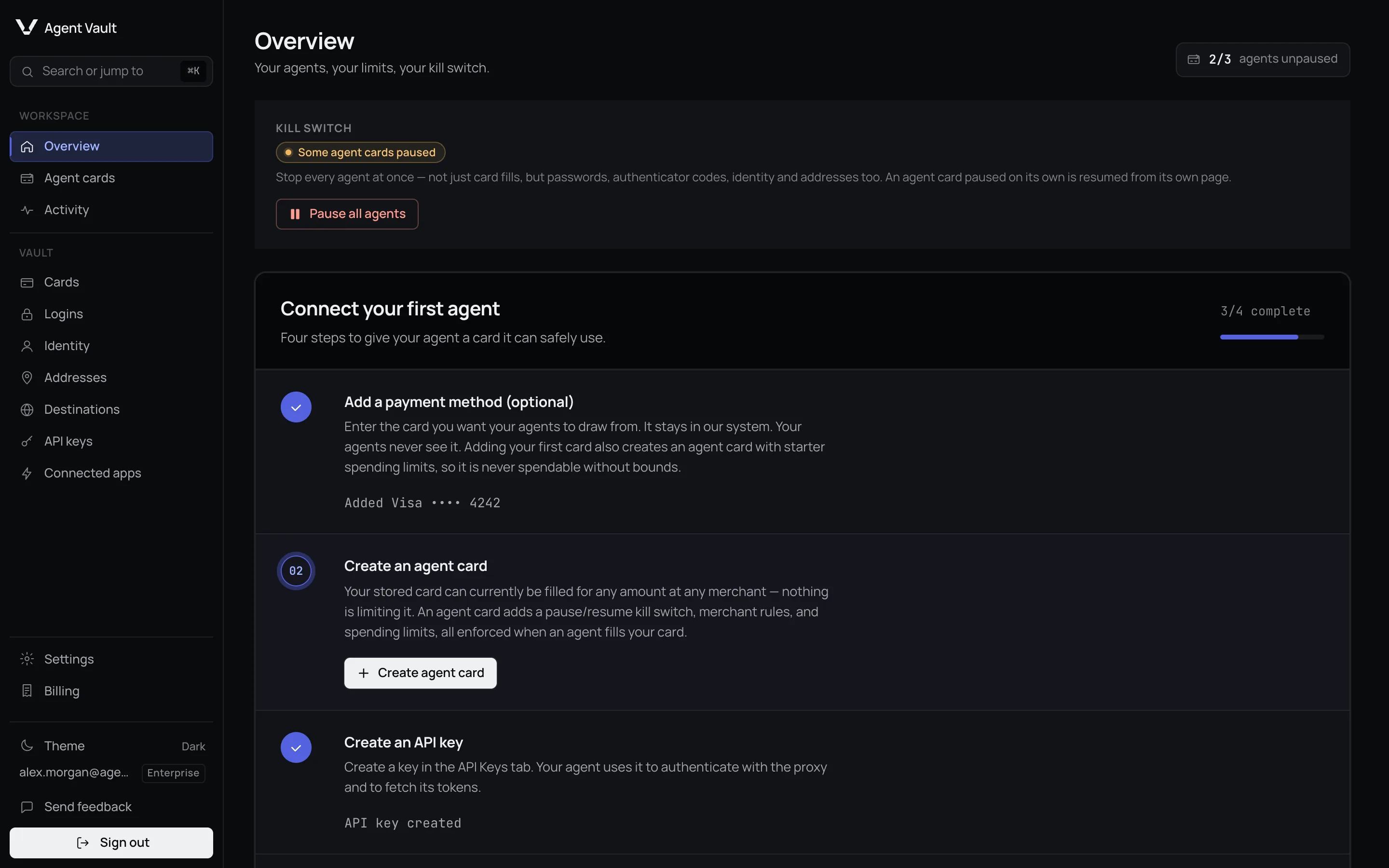 The Connect your first agent checklist at 3/4 complete: a payment method added, Create an agent card active with its button, and an API key created.