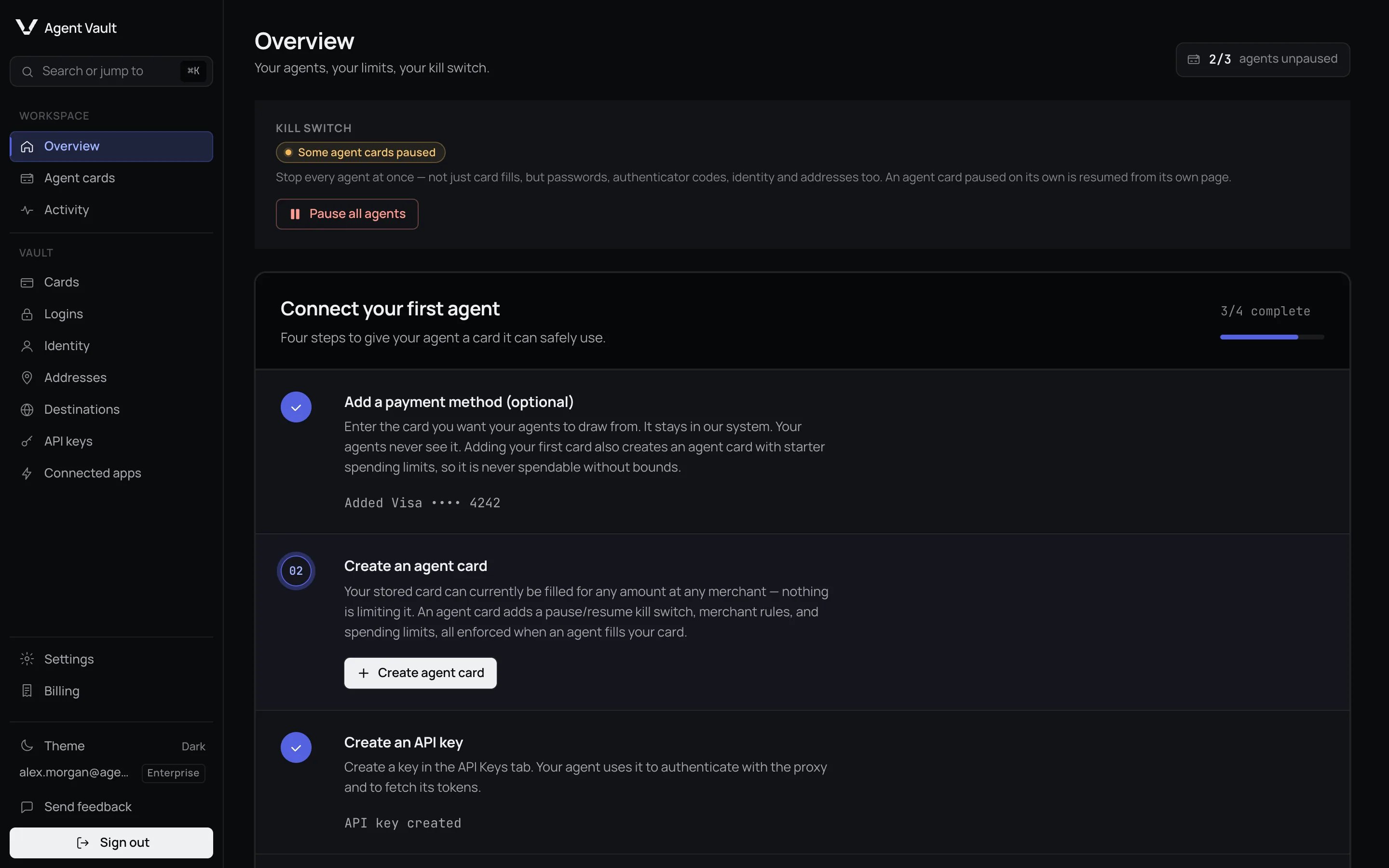 The Connect your first agent checklist at 3/4 complete: a payment method added, Create an agent card active with its button, and an API key created.