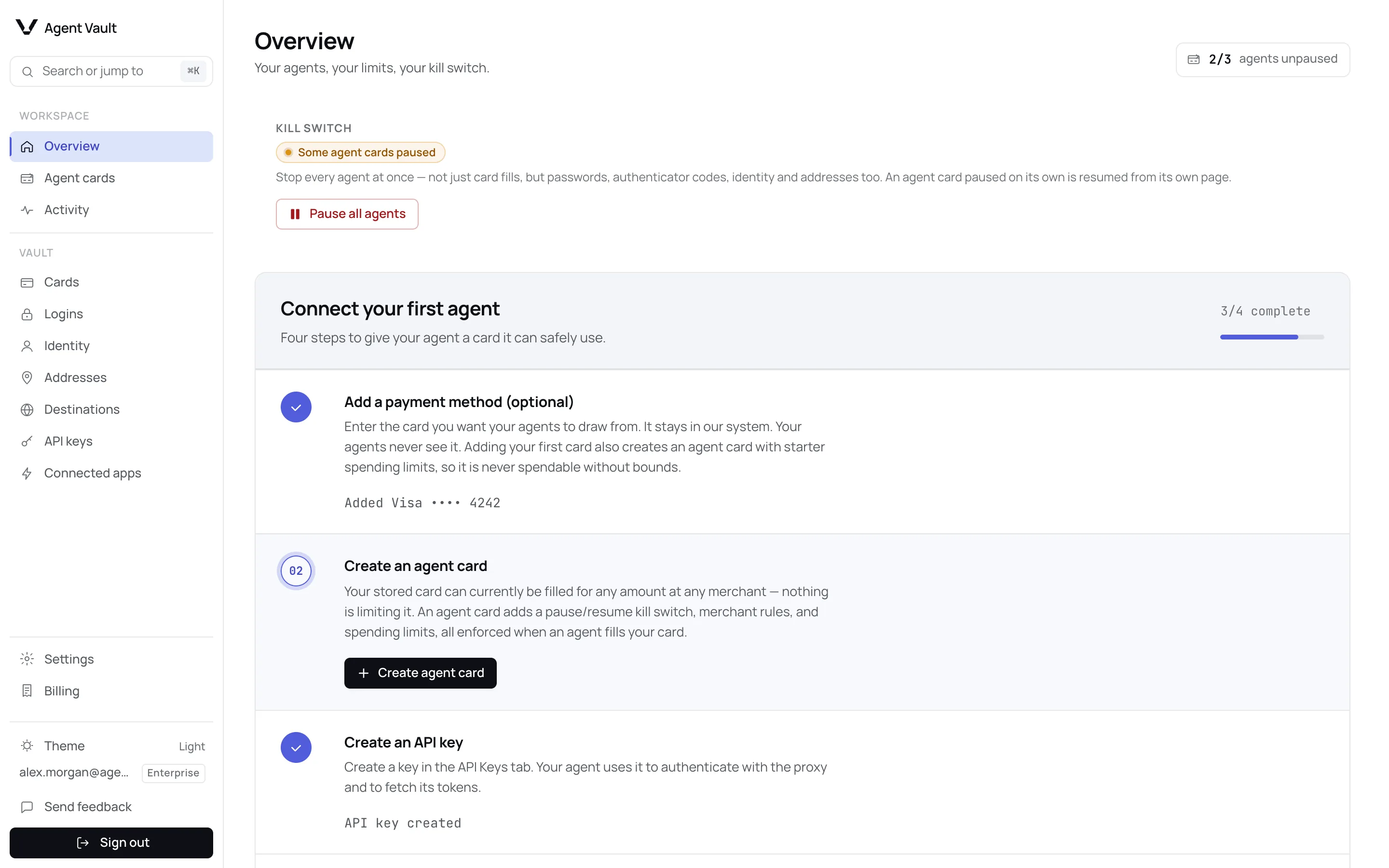 The Connect your first agent checklist at 3/4 complete: a payment method added, Create an agent card active with its button, and an API key created.