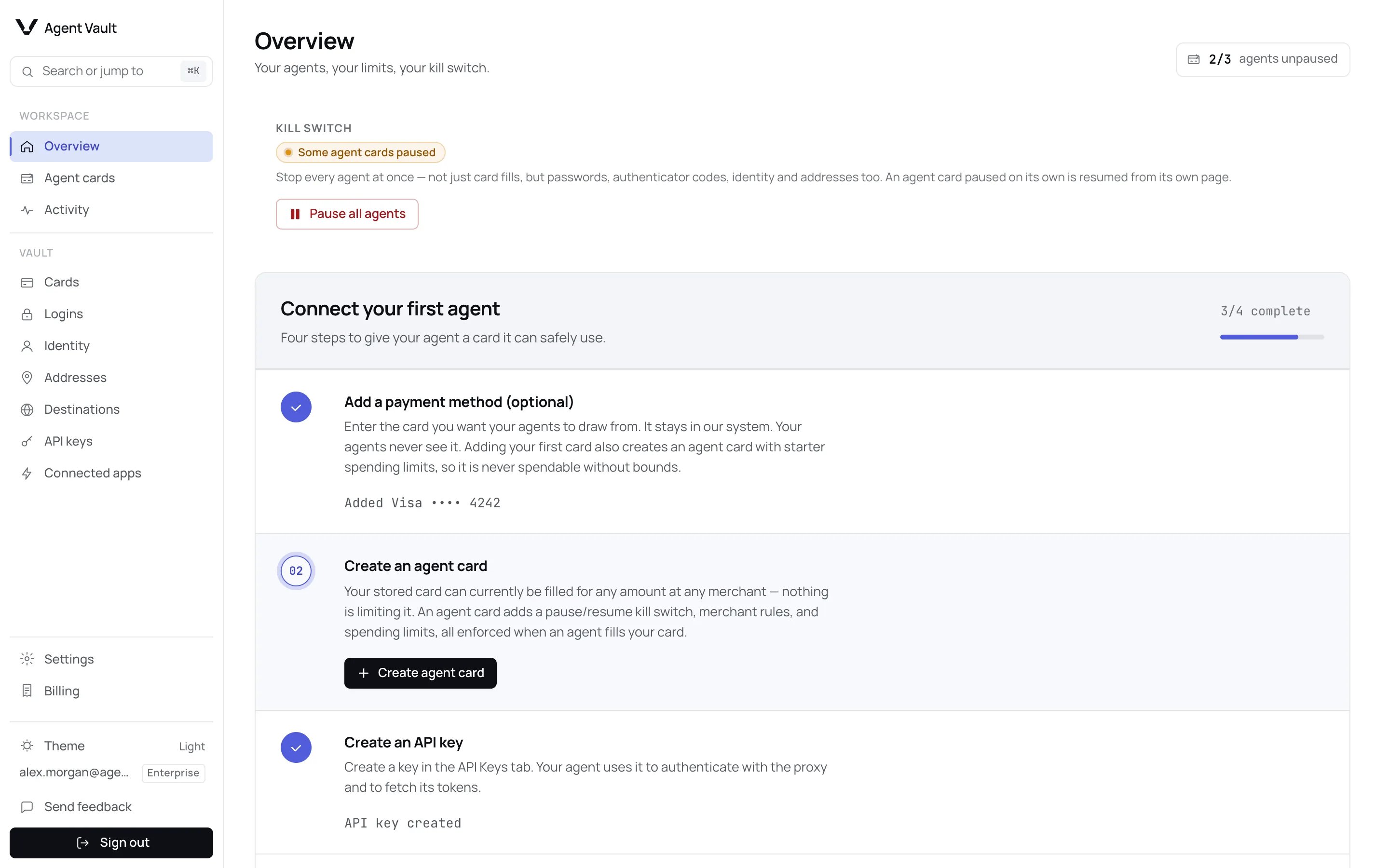 The Connect your first agent checklist at 3/4 complete: a payment method added, Create an agent card active with its button, and an API key created.