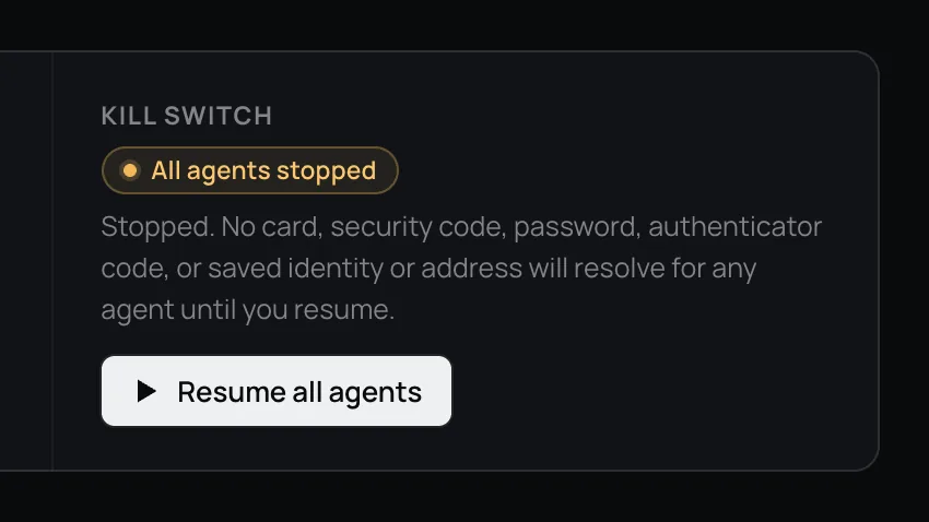 The Kill switch panel reading All agents stopped, with a Resume all agents button.