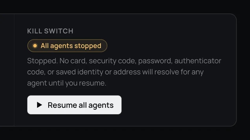 The Kill switch panel reading All agents stopped, with a Resume all agents button.