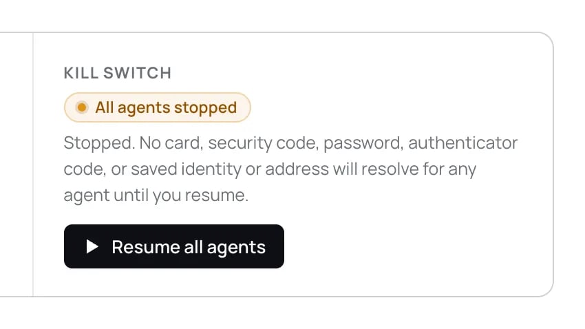 The Kill switch panel reading All agents stopped, with a Resume all agents button.