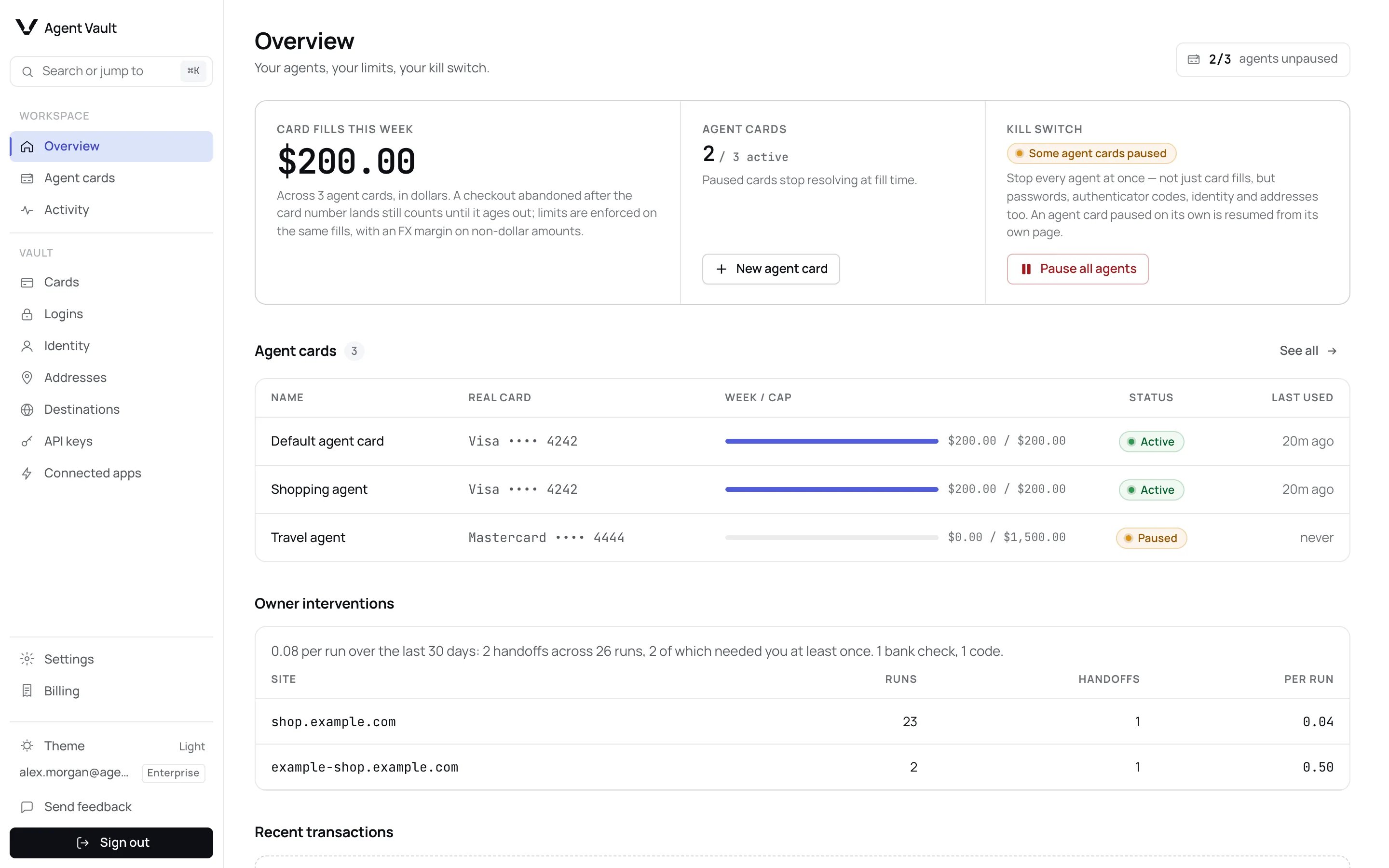 The Agent Vault dashboard Overview page, showing card fills this week, the agent cards summary, the kill switch and the agent cards table.