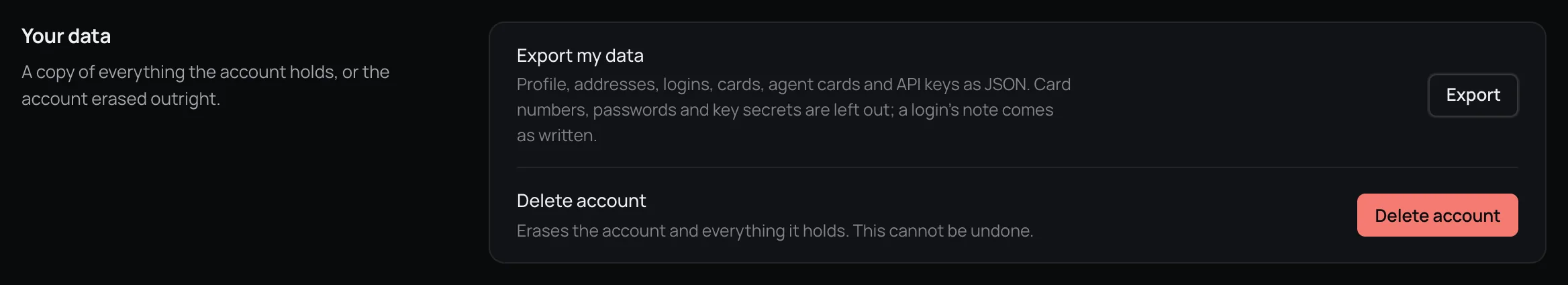 The Your data section of Settings with an Export my data row and its Export button, and a Delete account row with a red Delete account button.