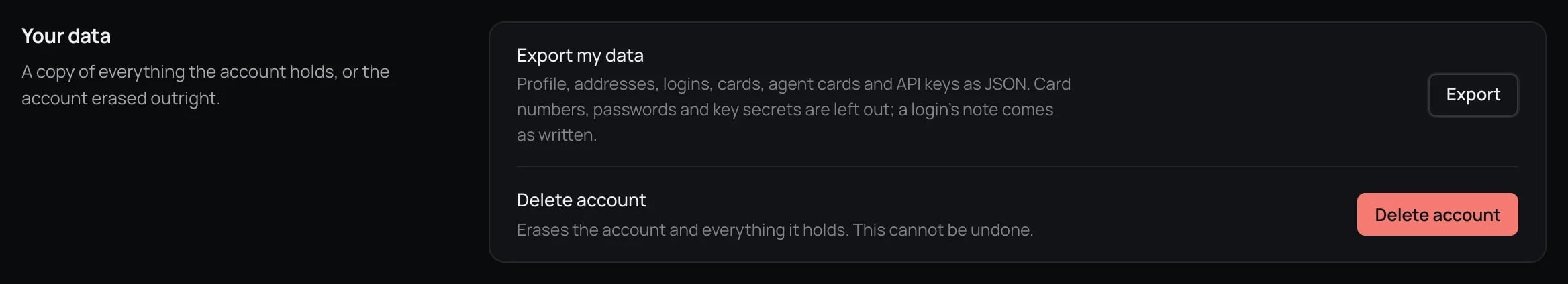 The Your data section of Settings with an Export my data row and its Export button, and a Delete account row with a red Delete account button.