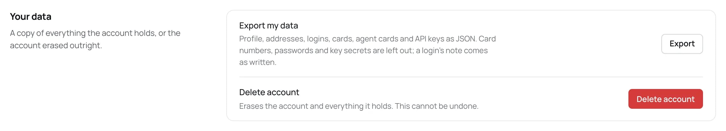 The Your data section of Settings with an Export my data row and its Export button, and a Delete account row with a red Delete account button.