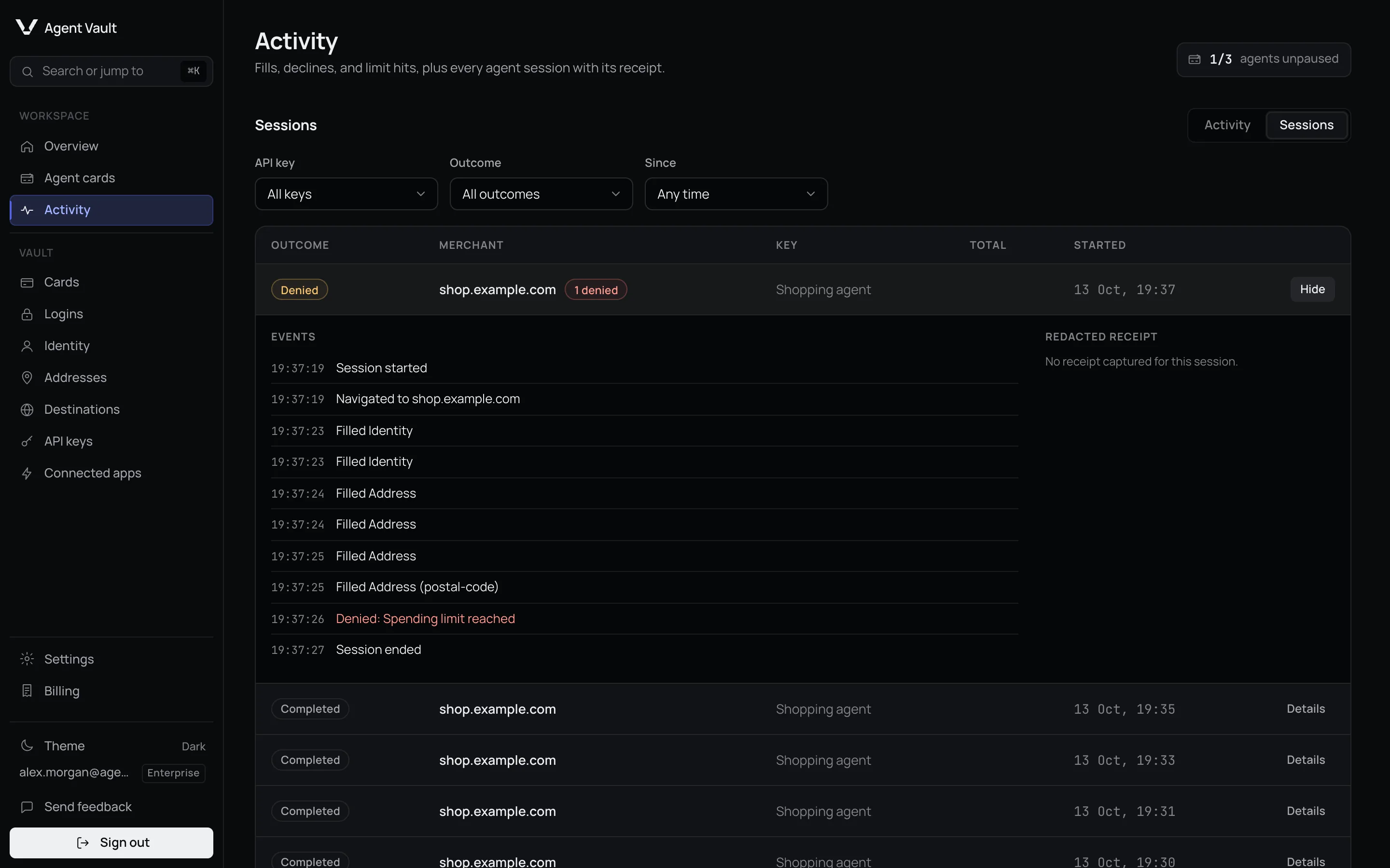 The Activity page with one session expanded into its event stream: identity and address fills, then Denied: Spending limit reached and Session ended. The sessions listed below it Completed.