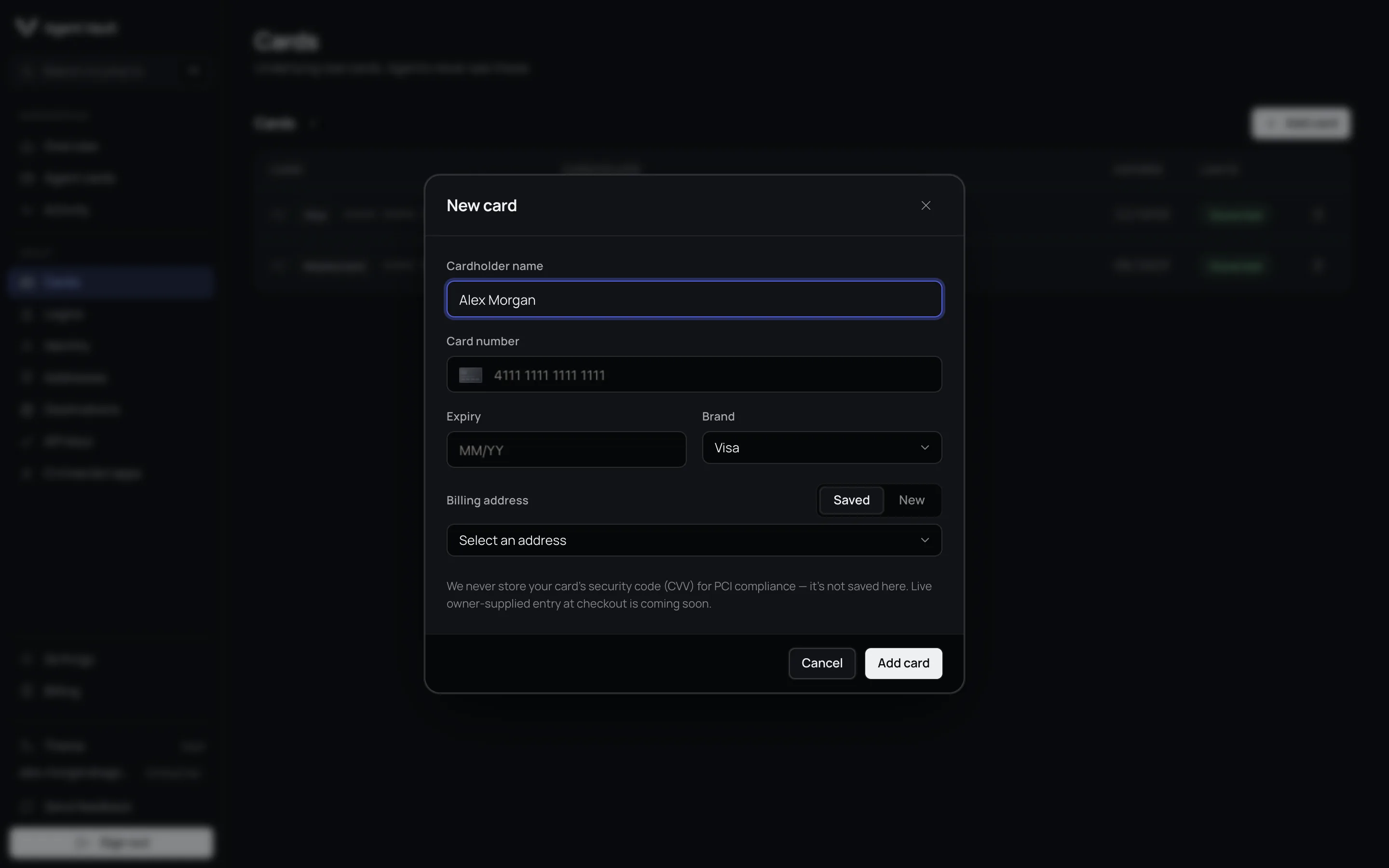 The add card form, with the card number field rendered by the vault provider.