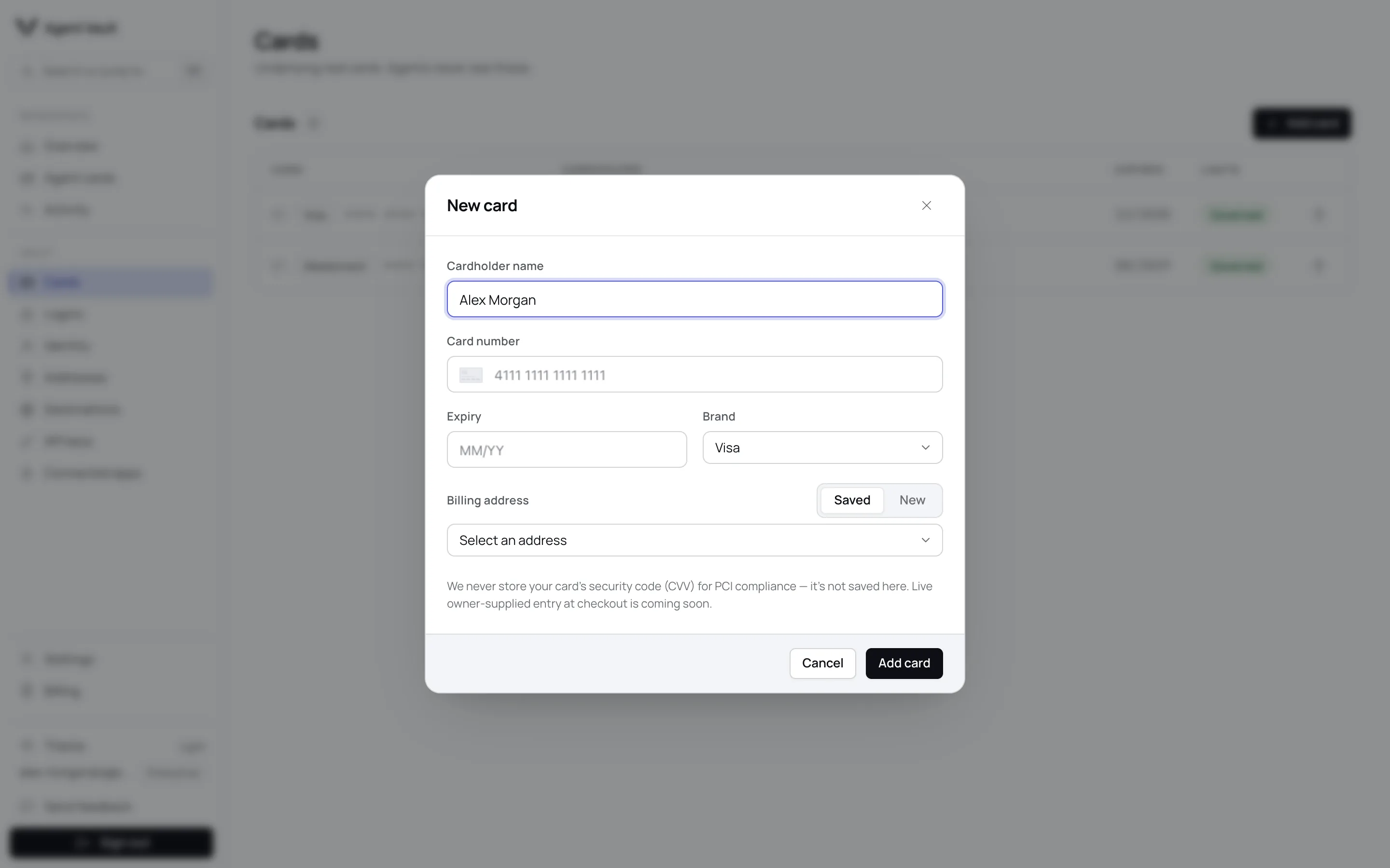 The add card form, with the card number field rendered by the vault provider.