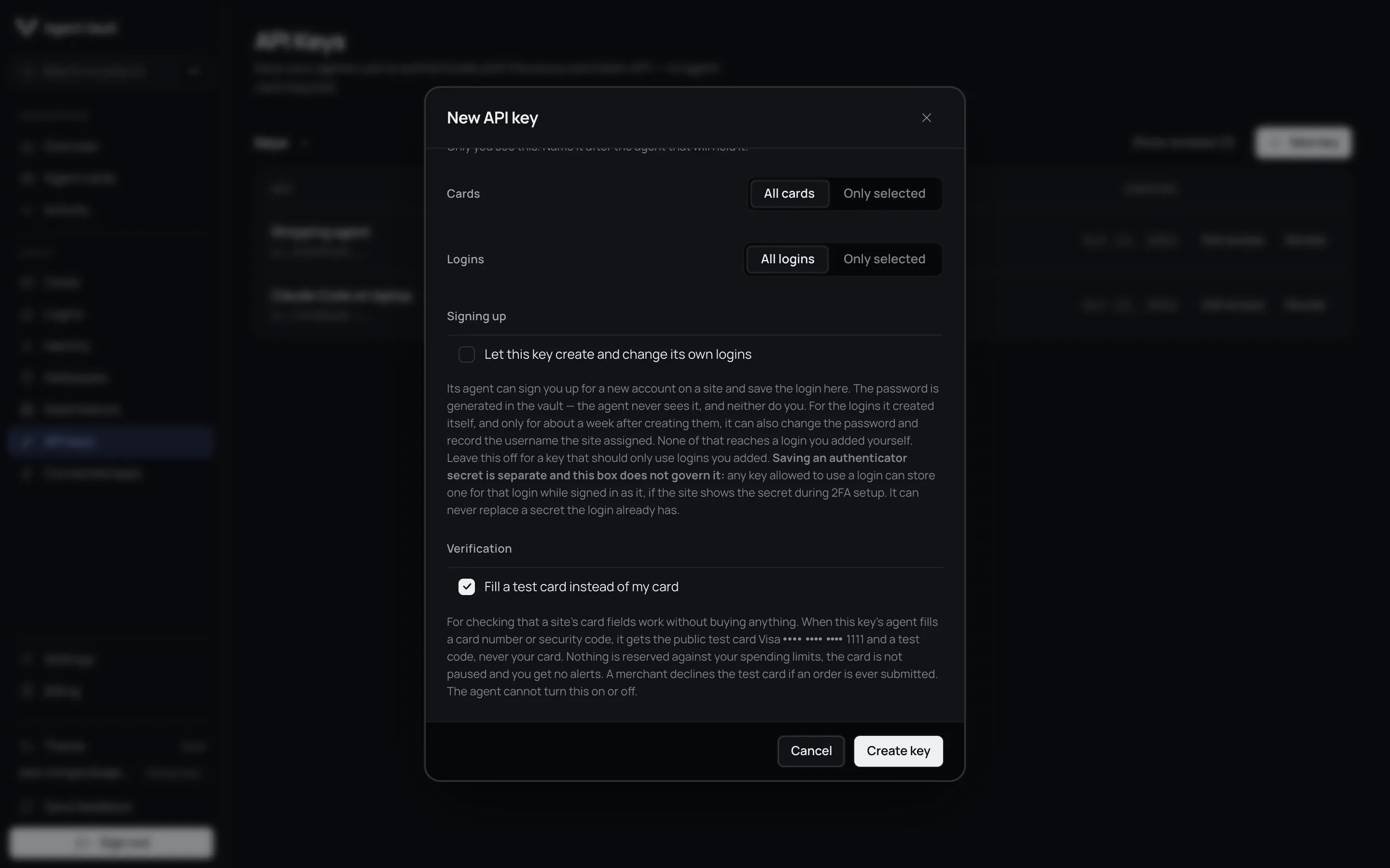 The New API key dialog with Fill a test card instead of my card ticked under Verification.