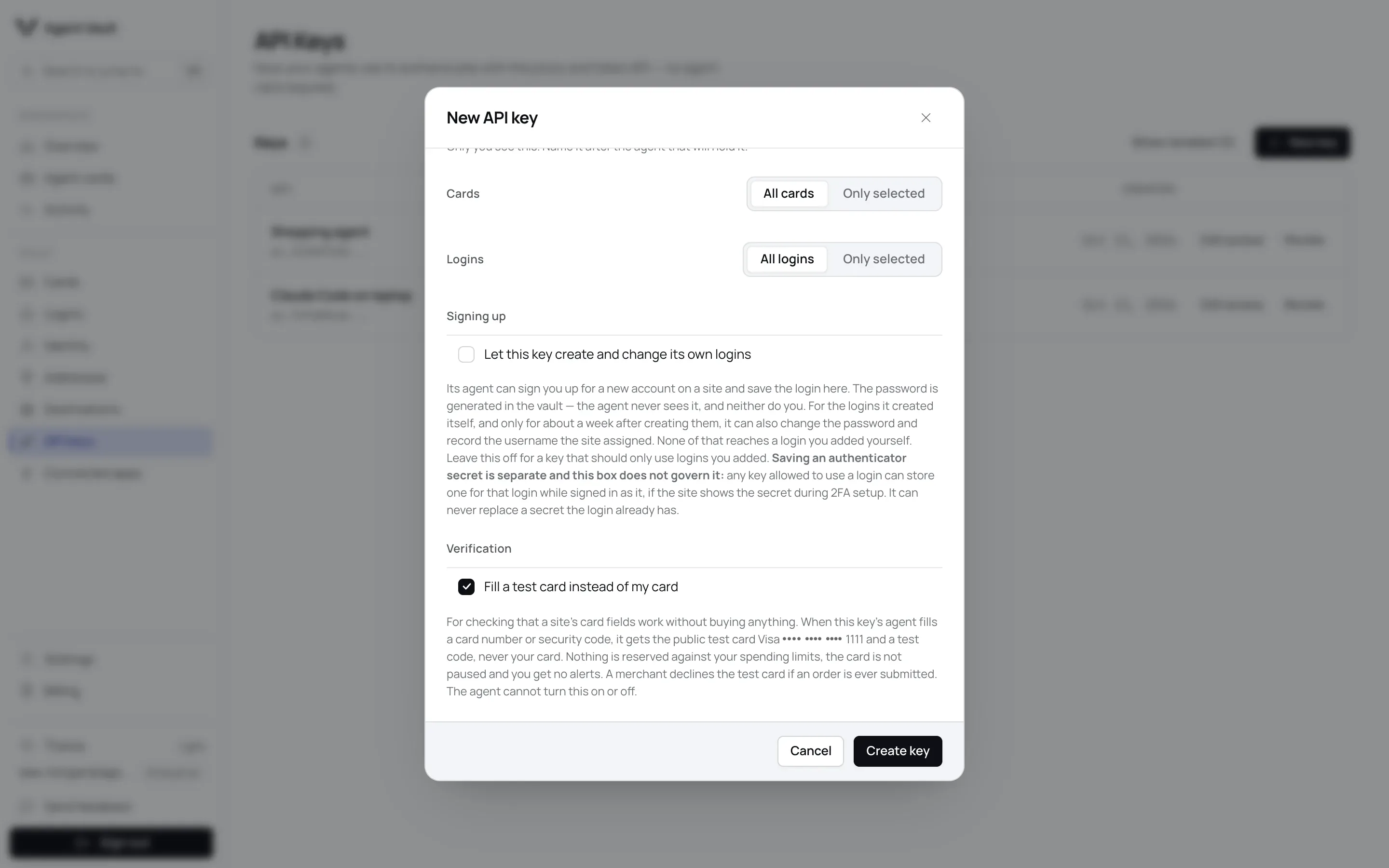 The New API key dialog with Fill a test card instead of my card ticked under Verification.