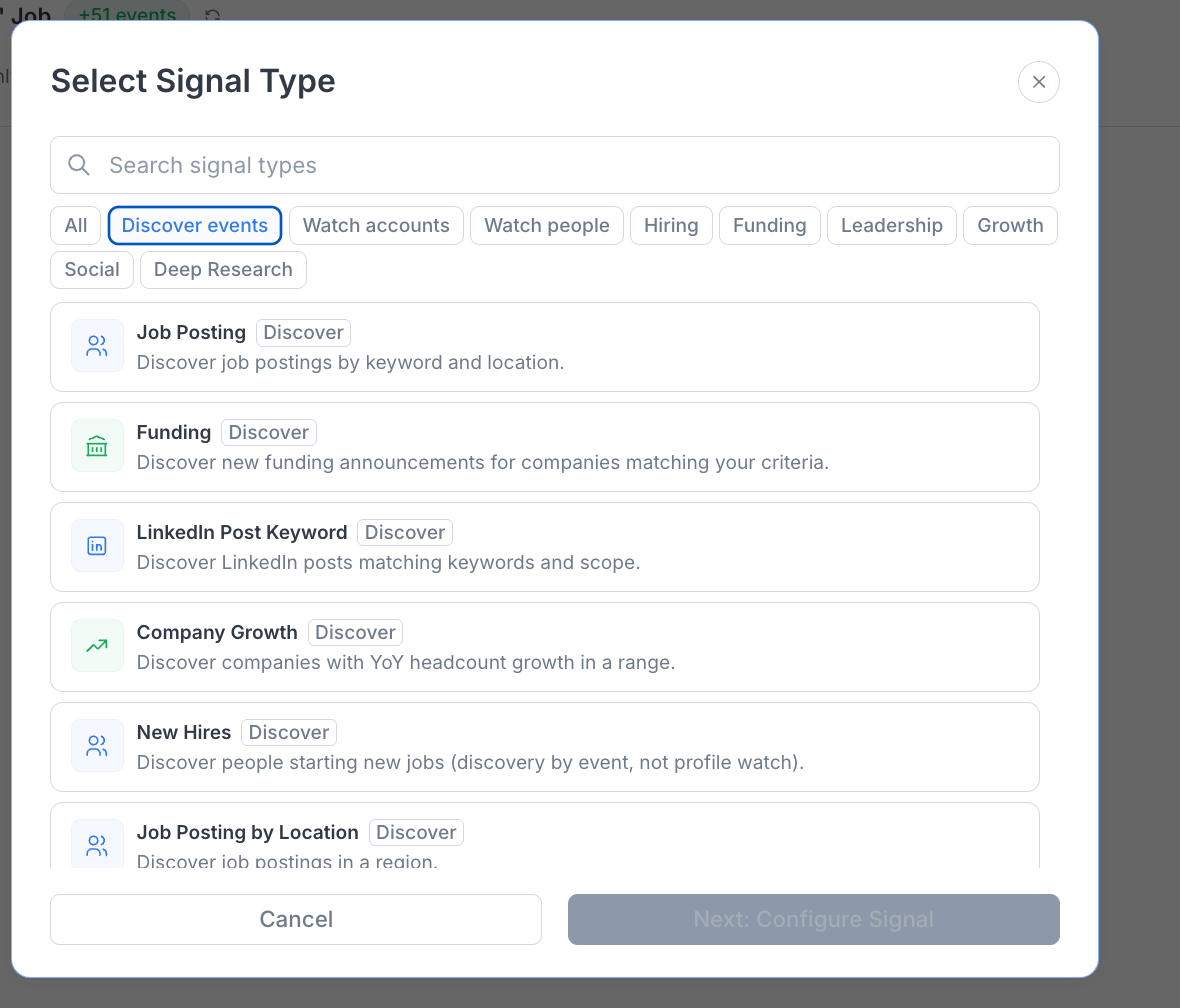 The Select Signal Type picker showing the signal categories