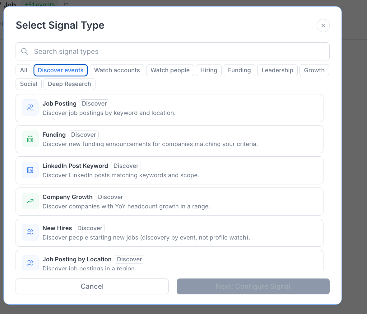 The Select Signal Type picker showing the signal categories