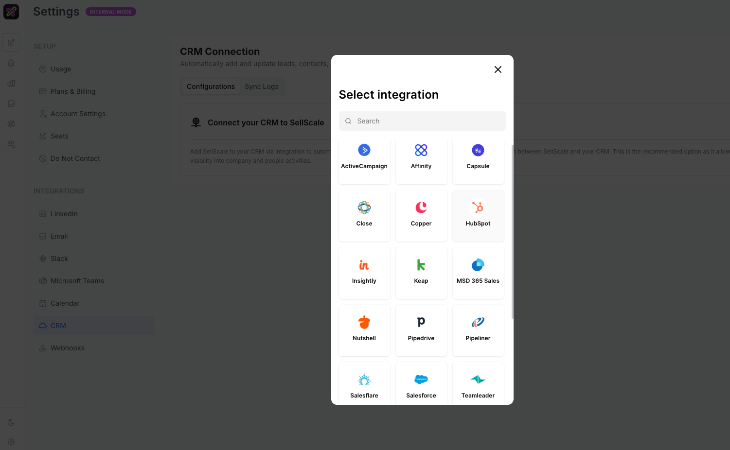 The Select integration screen showing the supported CRMs