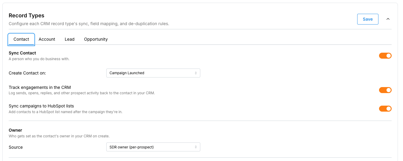 The Record Types configuration for a Contact, with sync toggles and create trigger