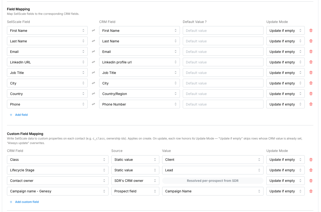 Field mapping and custom field mapping between SellScale and CRM fields