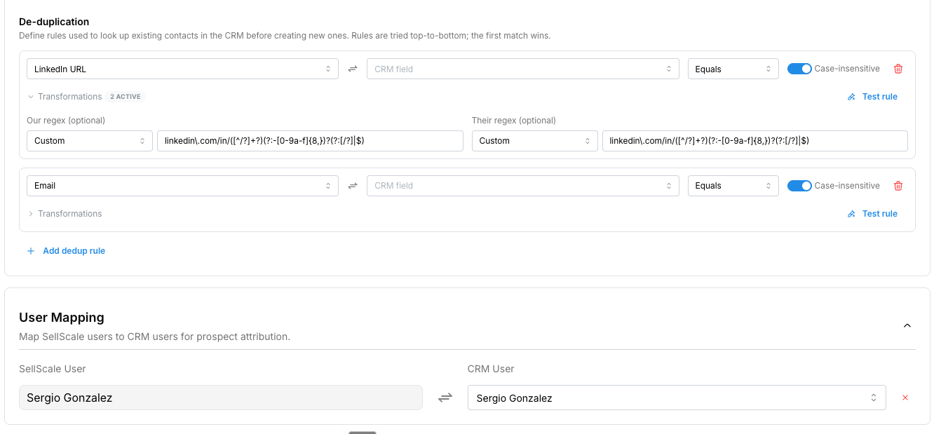 De-duplication rules for matching existing CRM records before creating new ones