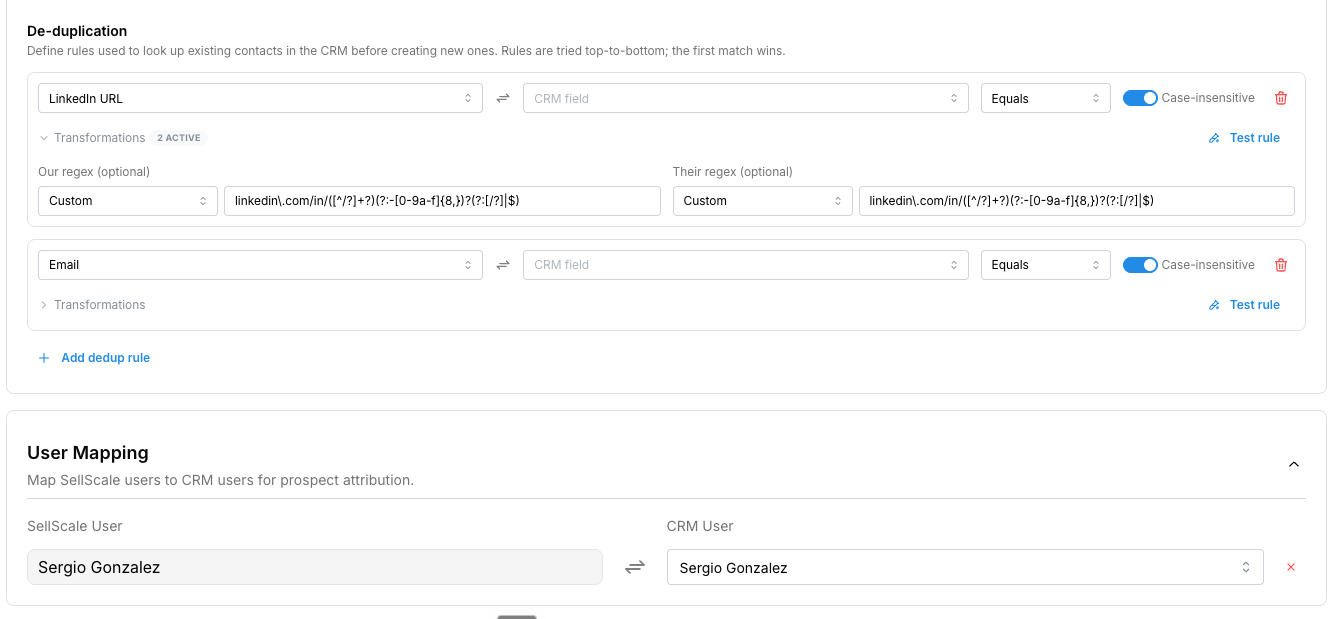 De-duplication rules for matching existing CRM records before creating new ones