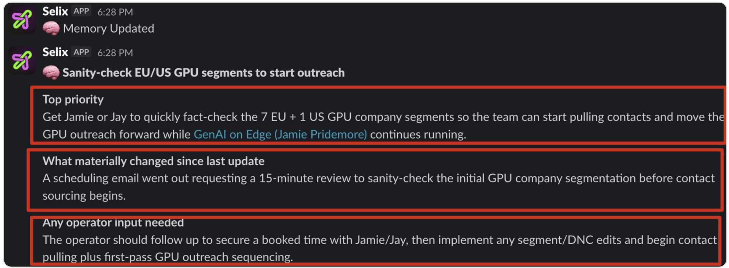 A Memory Updated dispatch from Selix in Slack summarizing what changed