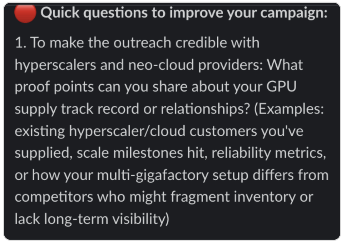 An interrupt email from Selix asking quick questions to improve the campaign