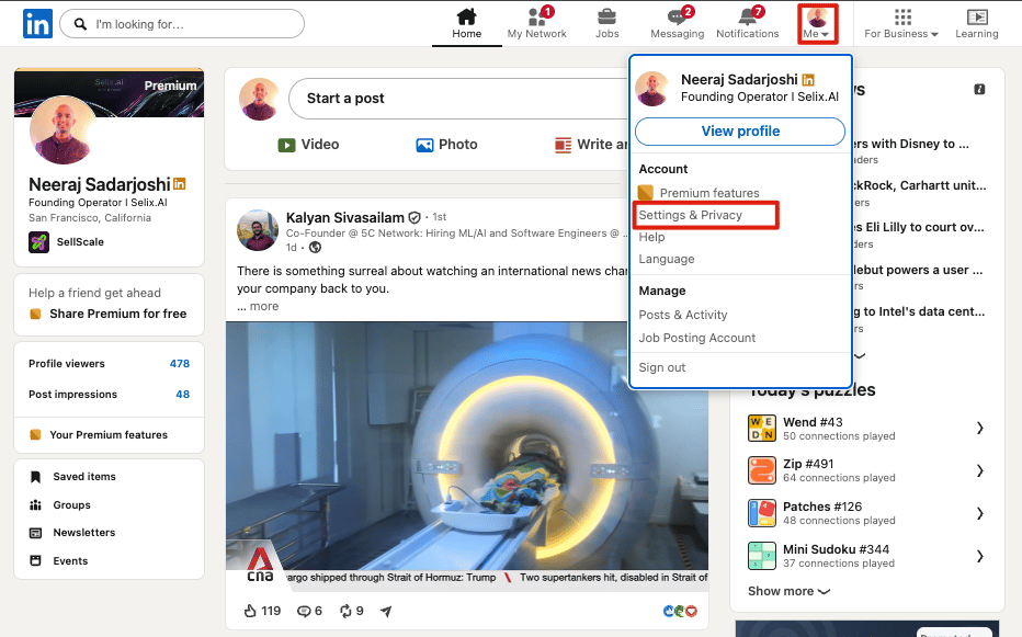 The Me menu on LinkedIn with Settings & Privacy highlighted