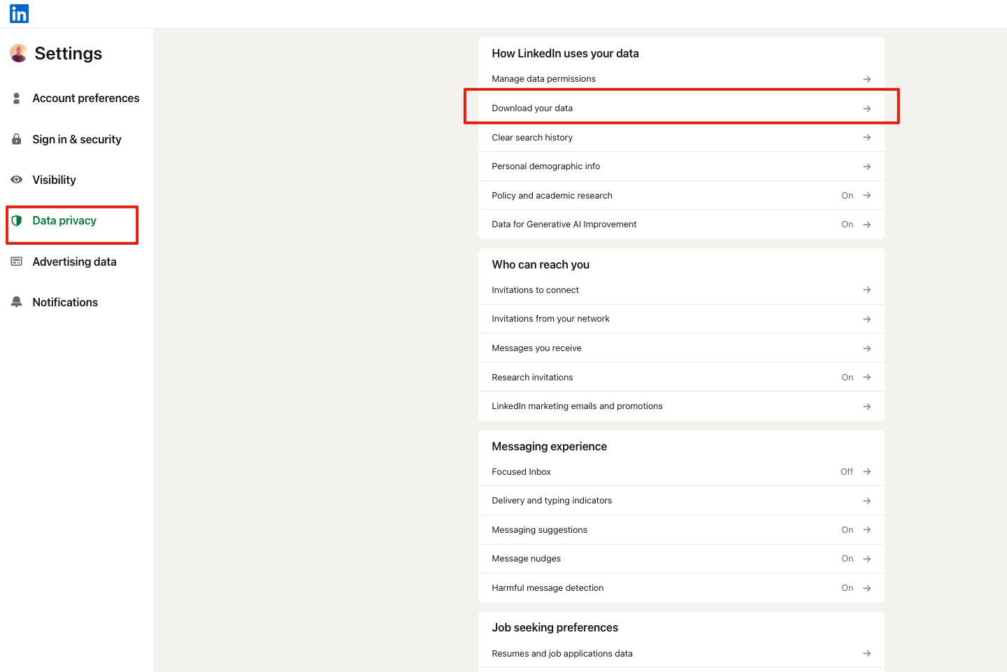 The Data privacy section with Download your data highlighted