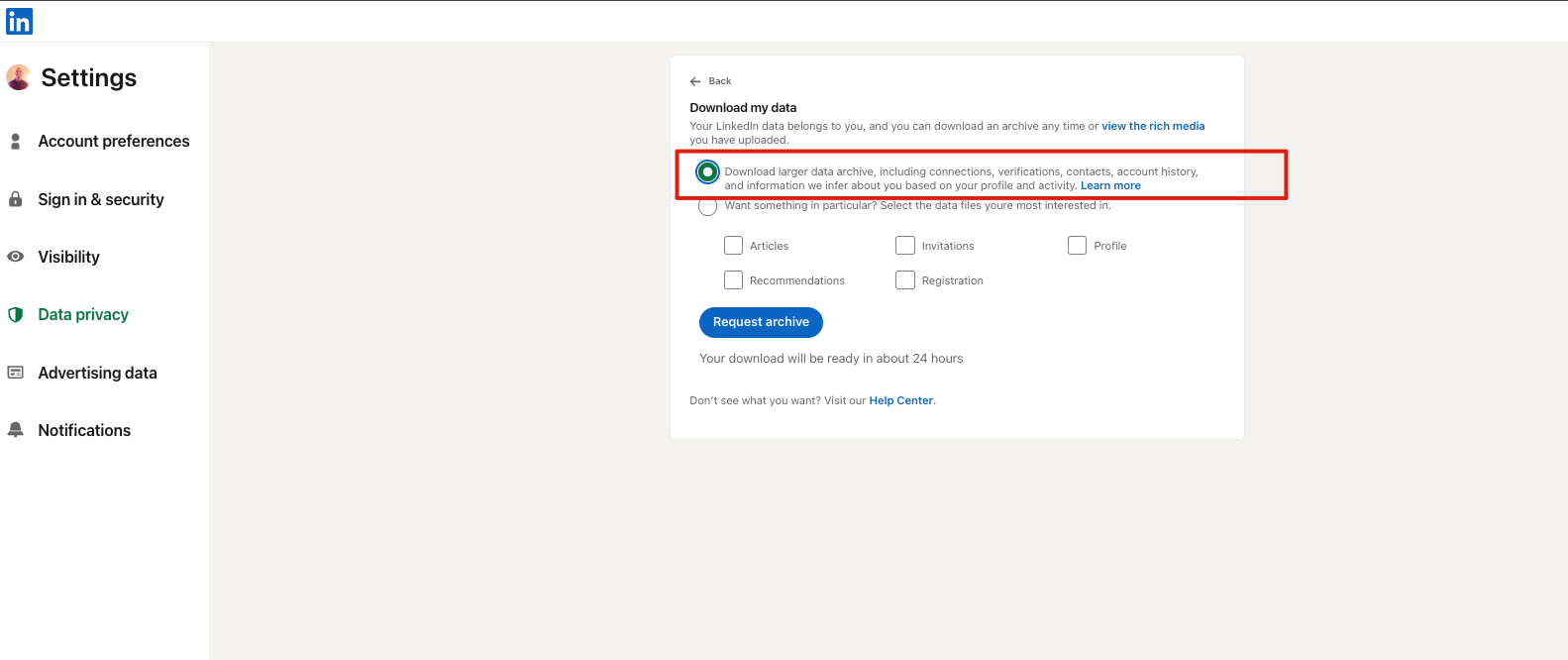 Selecting the larger data archive and clicking Request archive