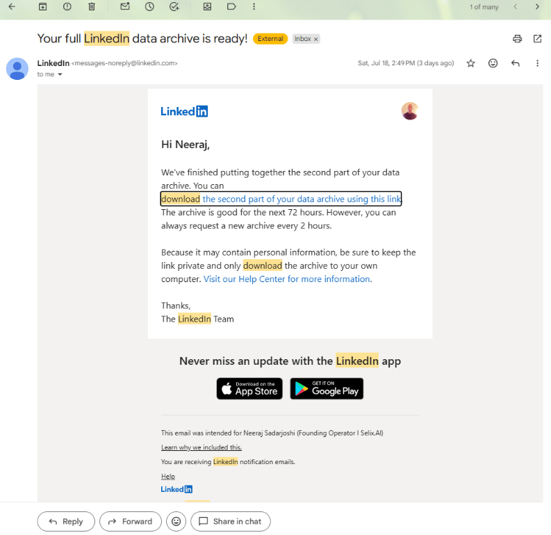 The LinkedIn email with the data archive download link
