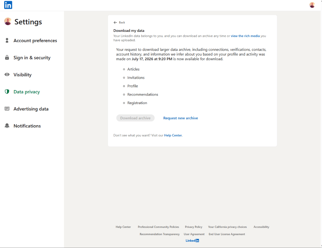 The Download my data page with the archive ready to download