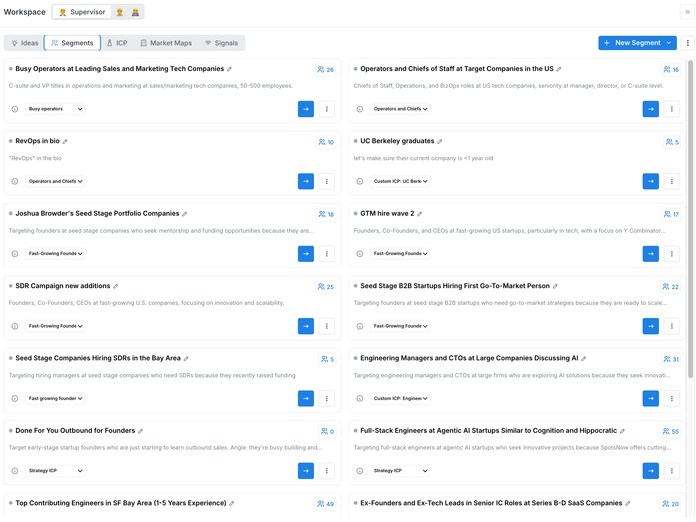 Segments view showing built-out prospect lists