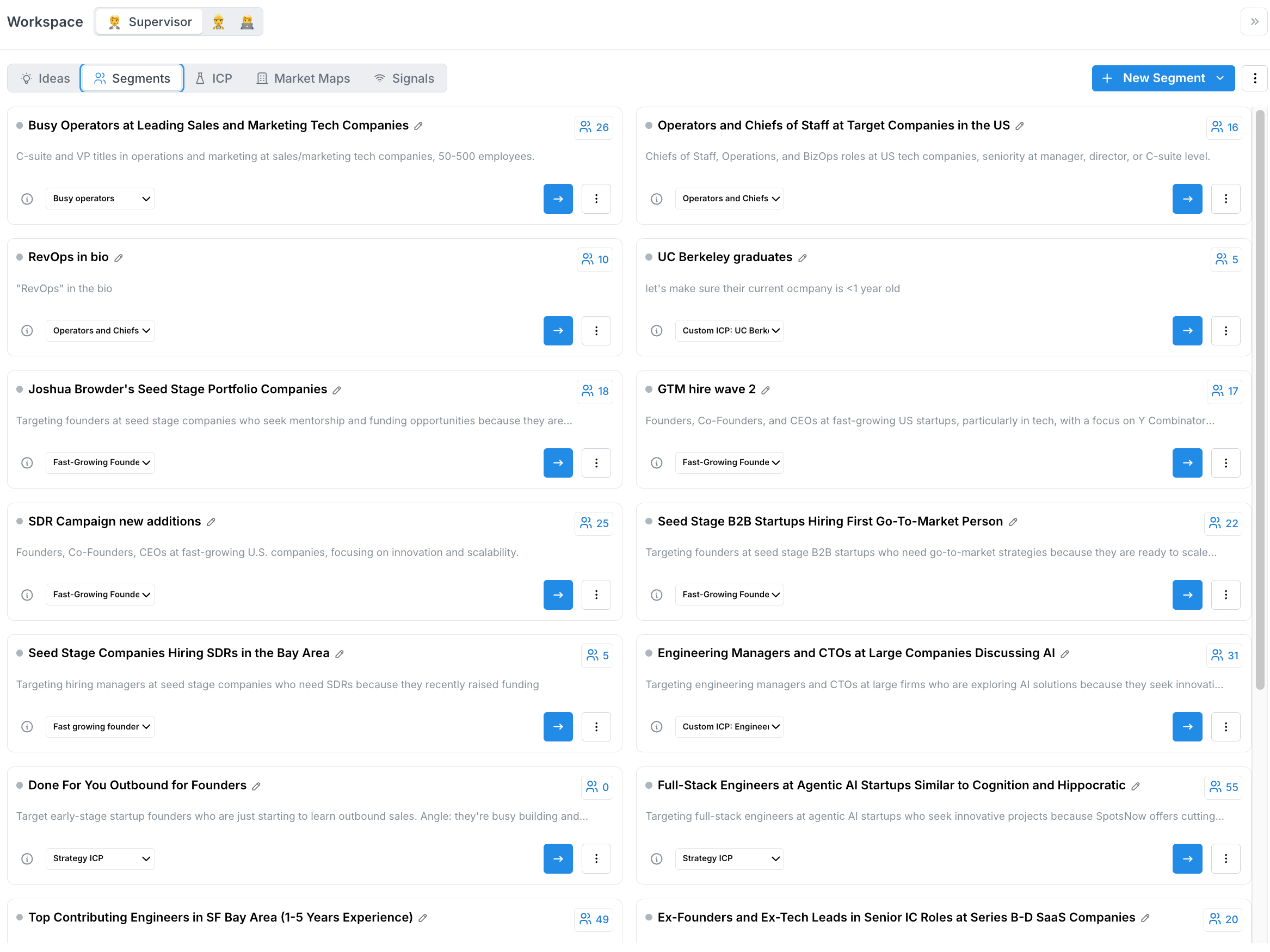 Segments view showing built-out prospect lists